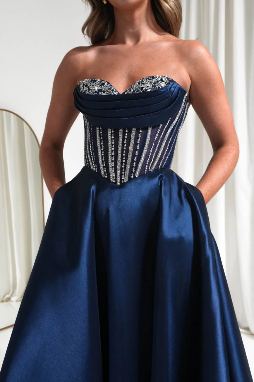 Alora Strapless Embellished A-Line Gown | Navy - Image 3