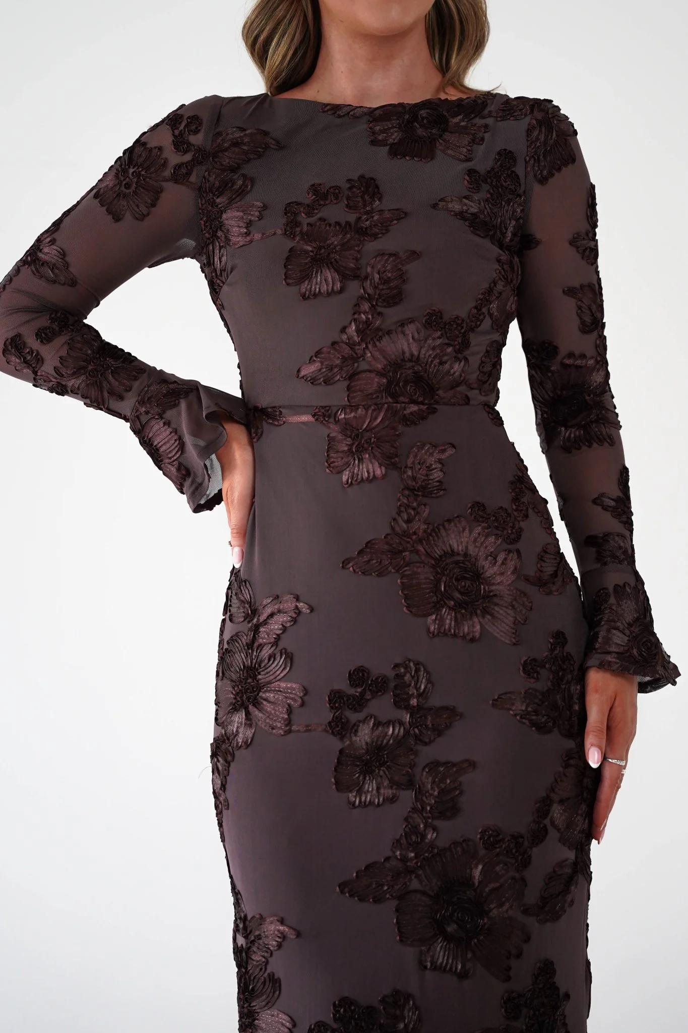 Amelita Long Sleeve Textured Maxi Dress | Brown - Image 2