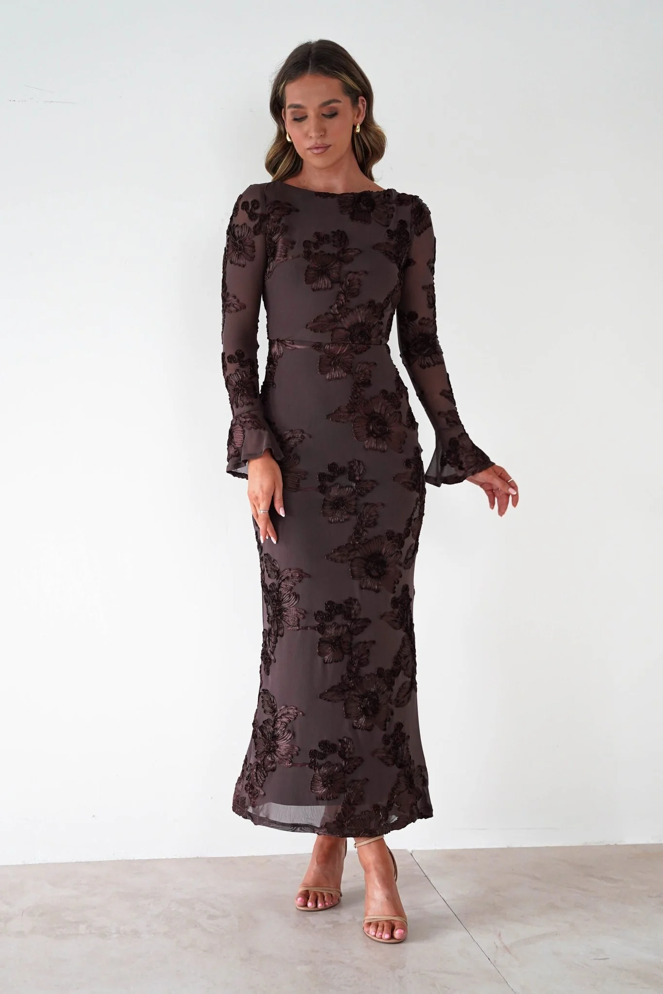 Amelita Long Sleeve Textured Maxi Dress | Brown - Image 5