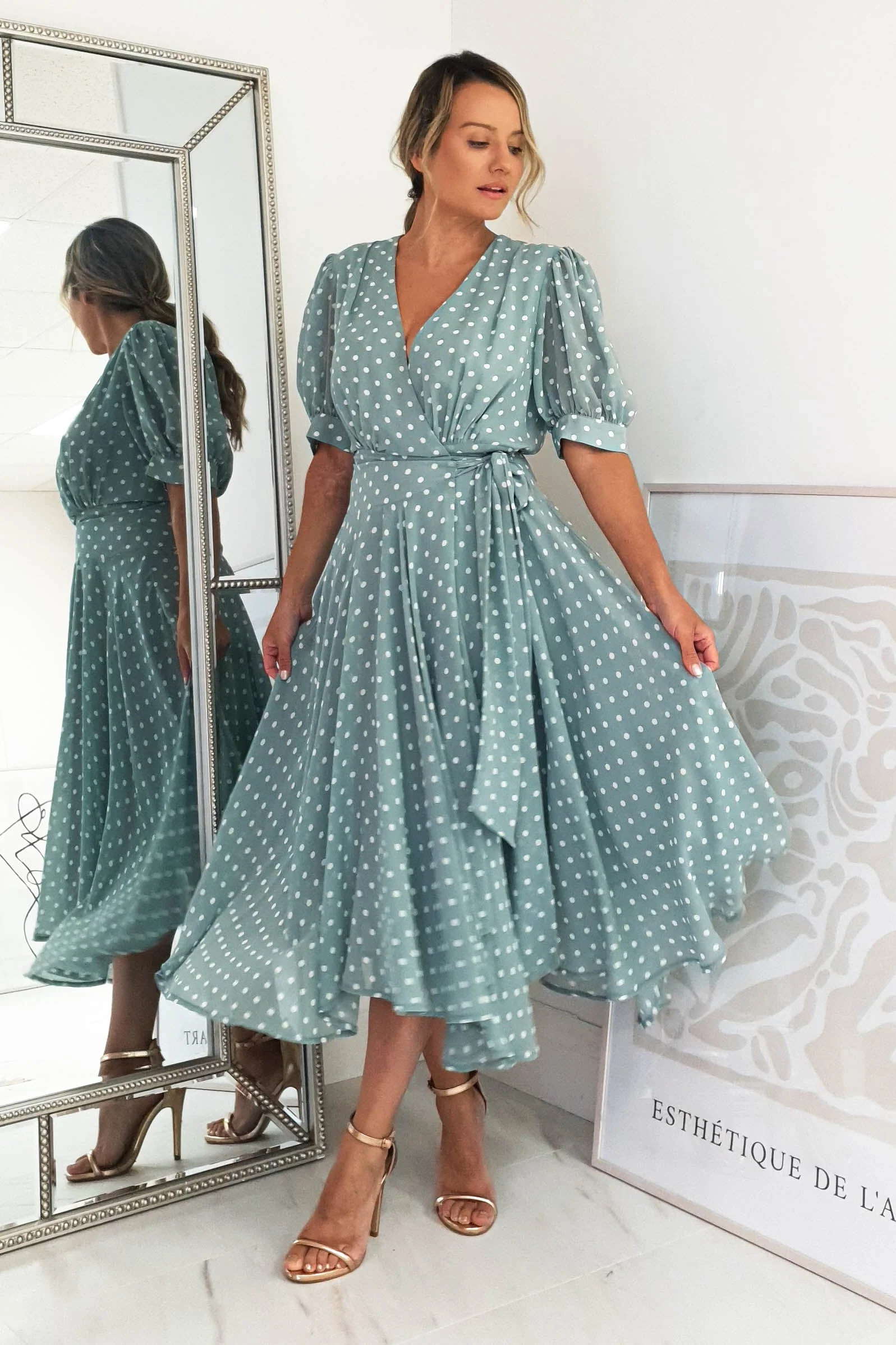 Andrea Polka Dot Midi Dress | Sage - Image 3