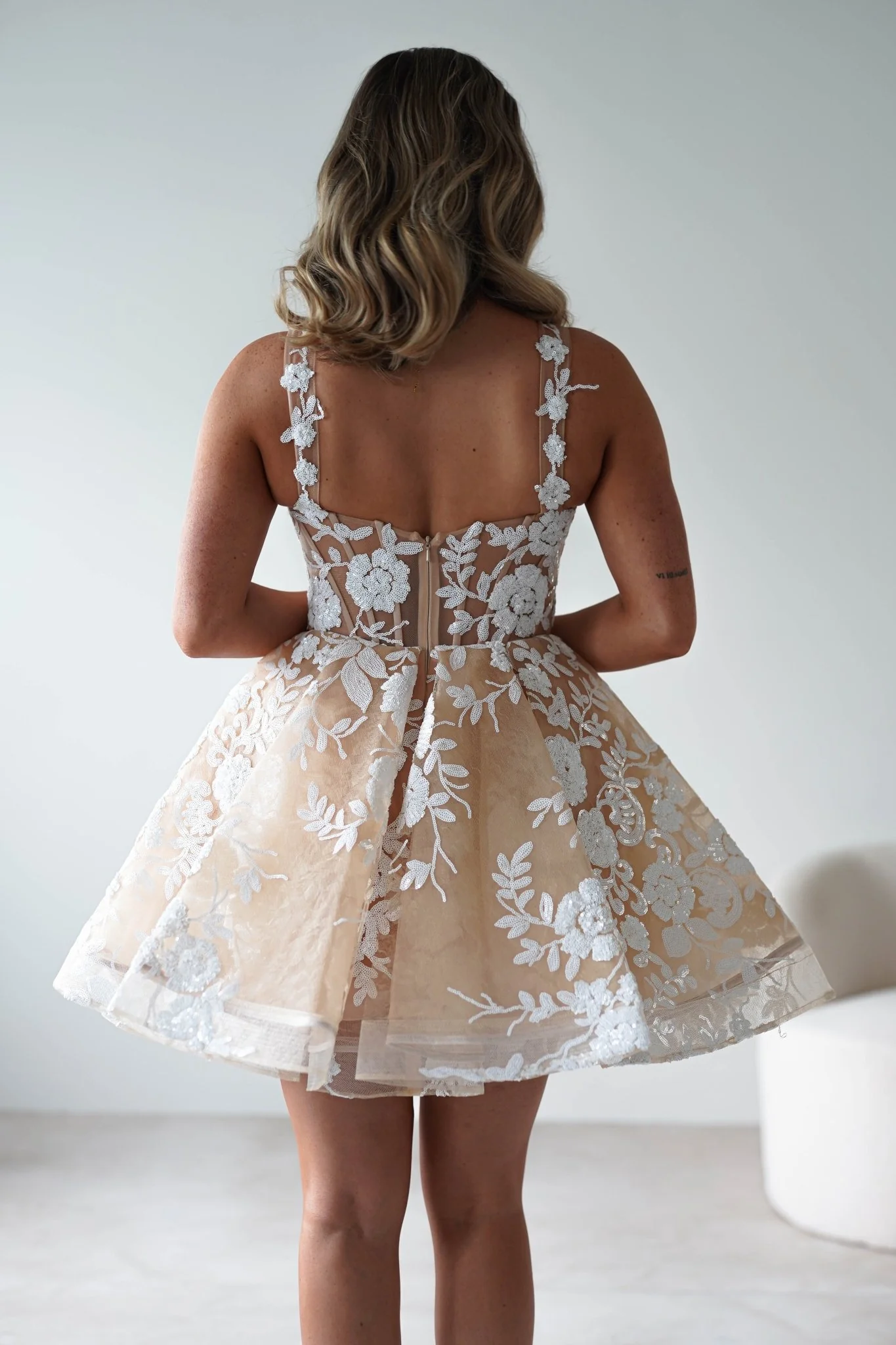 Anziel Mini Skater Dress Floral Embroidery | Nude - Image 6