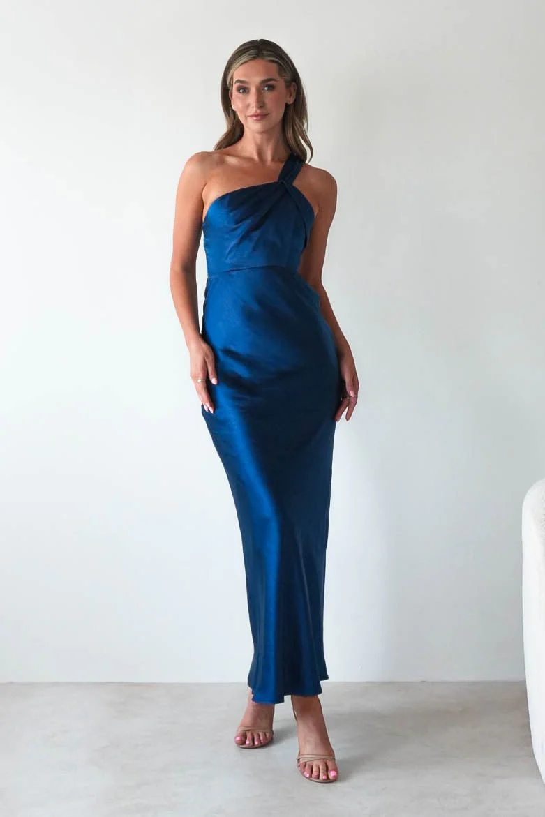 Ashlee Soft Satin One Shoulder Maxi Dress | Navy