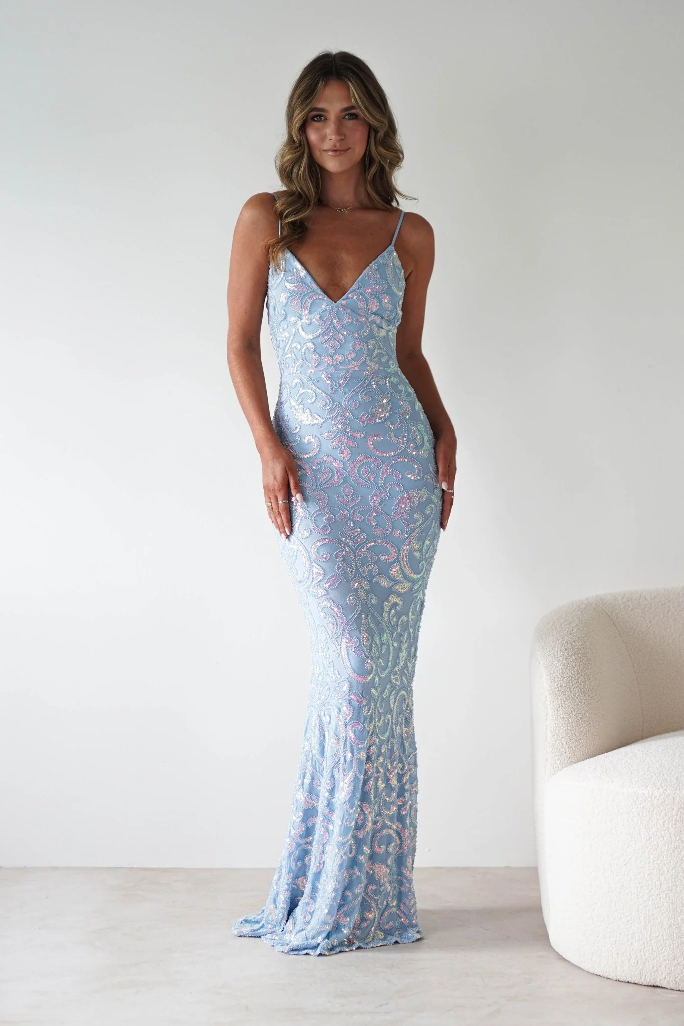 Aster Iridescent Beaded Embellished Gown | Blue - Image 8