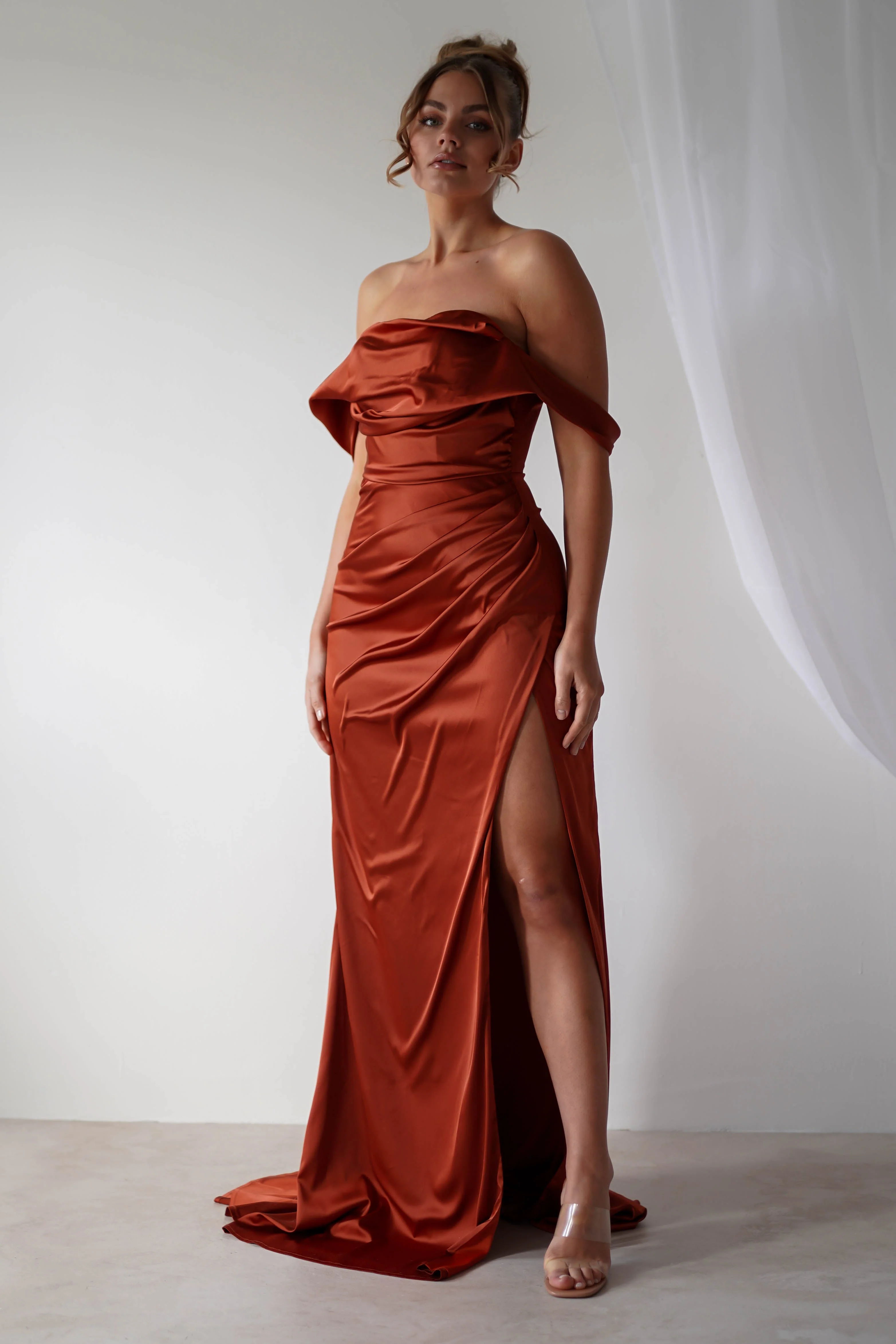 Beth Draped Silky Satin Gown | Rust - Image 3