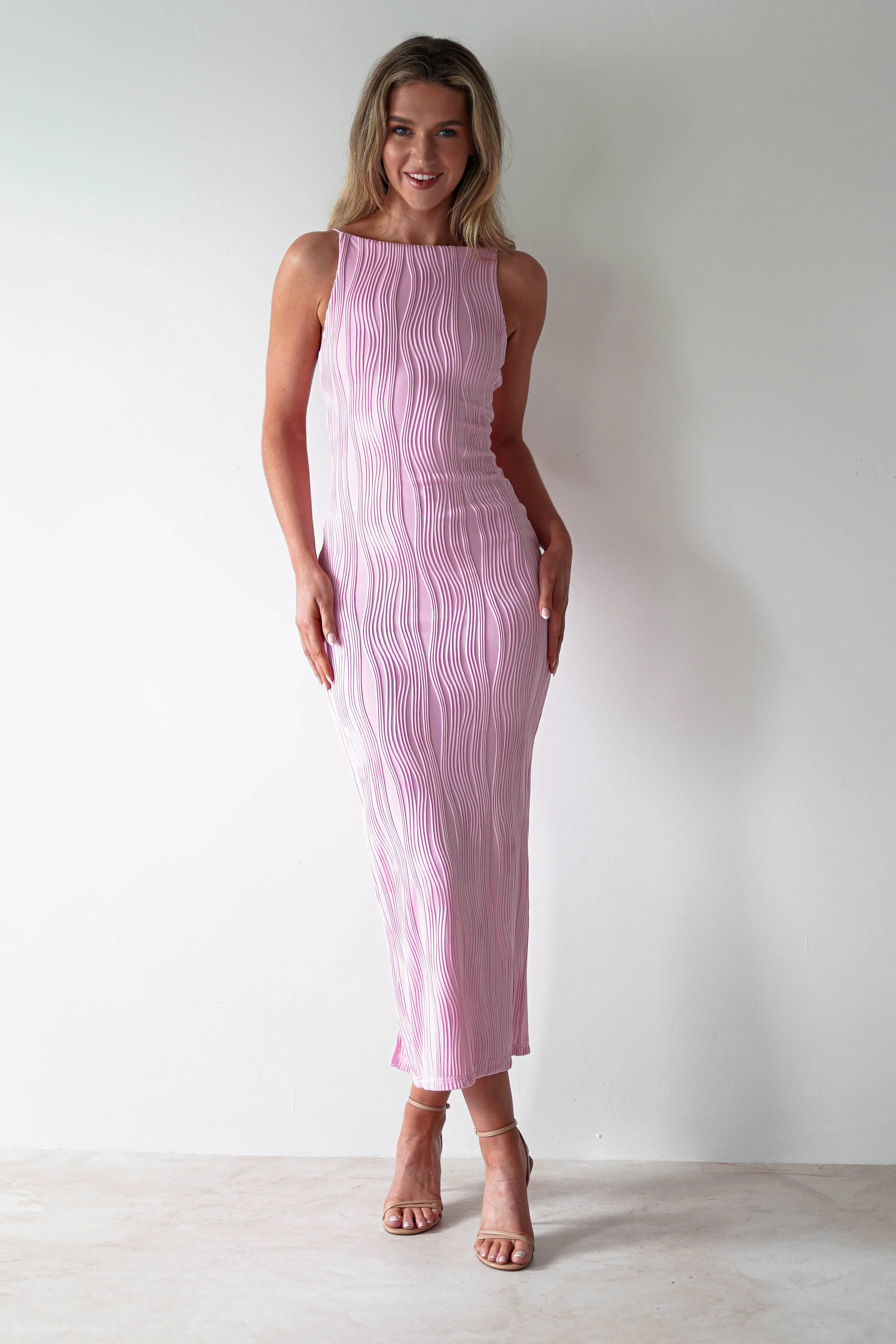 Brighton Textured Bodycon Midaxi Dress | Pink - Image 4