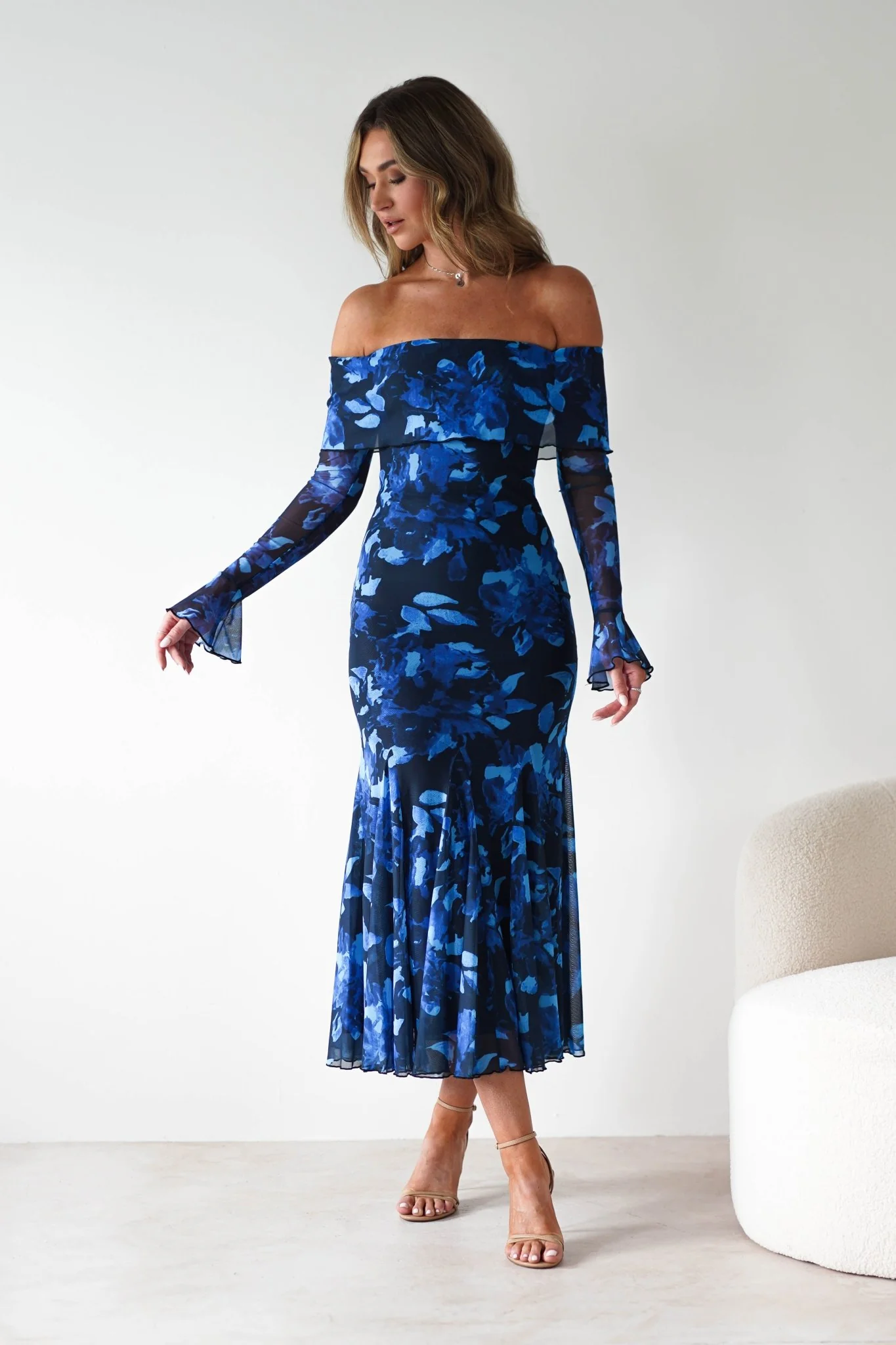 Bryanna Long Sleeve Mesh Maxi Dress | Blue Floral - Image 5