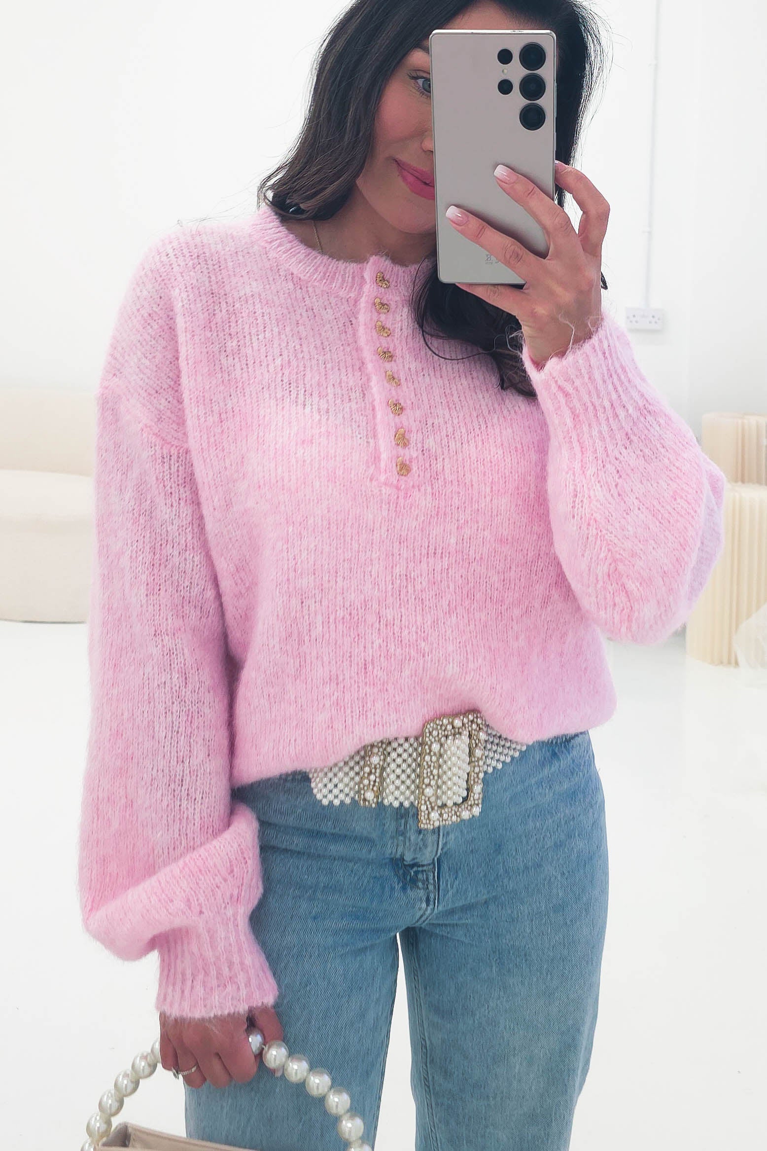 Calix Button Detail Knit Jumper | Pink