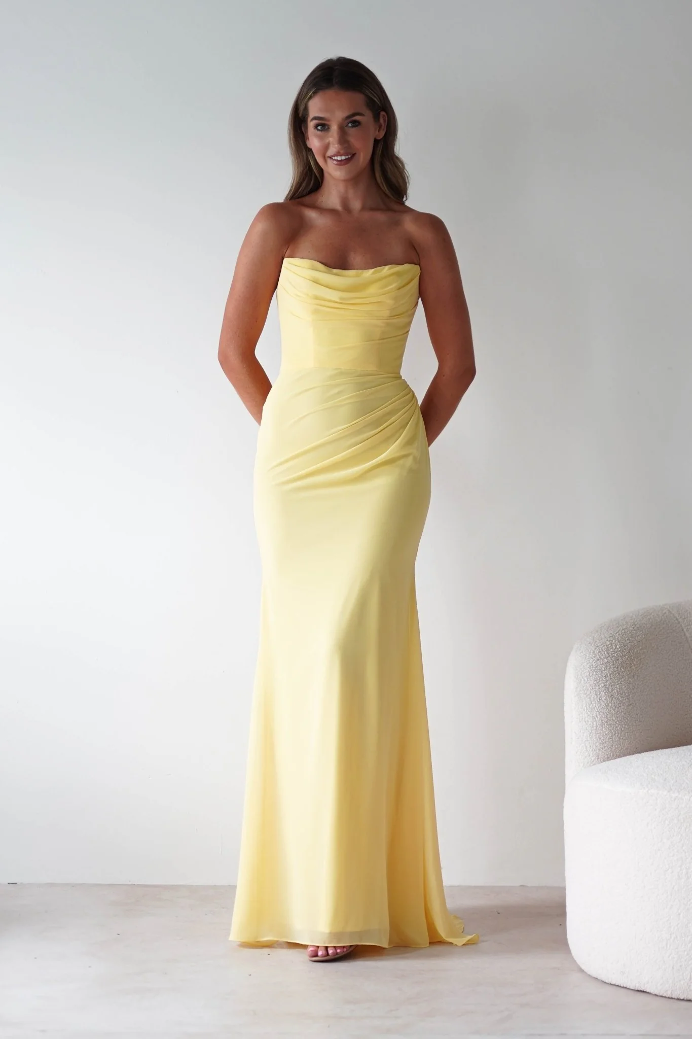 Caterina Strapless Chiffon Maxi Dress | Yellow - Image 5