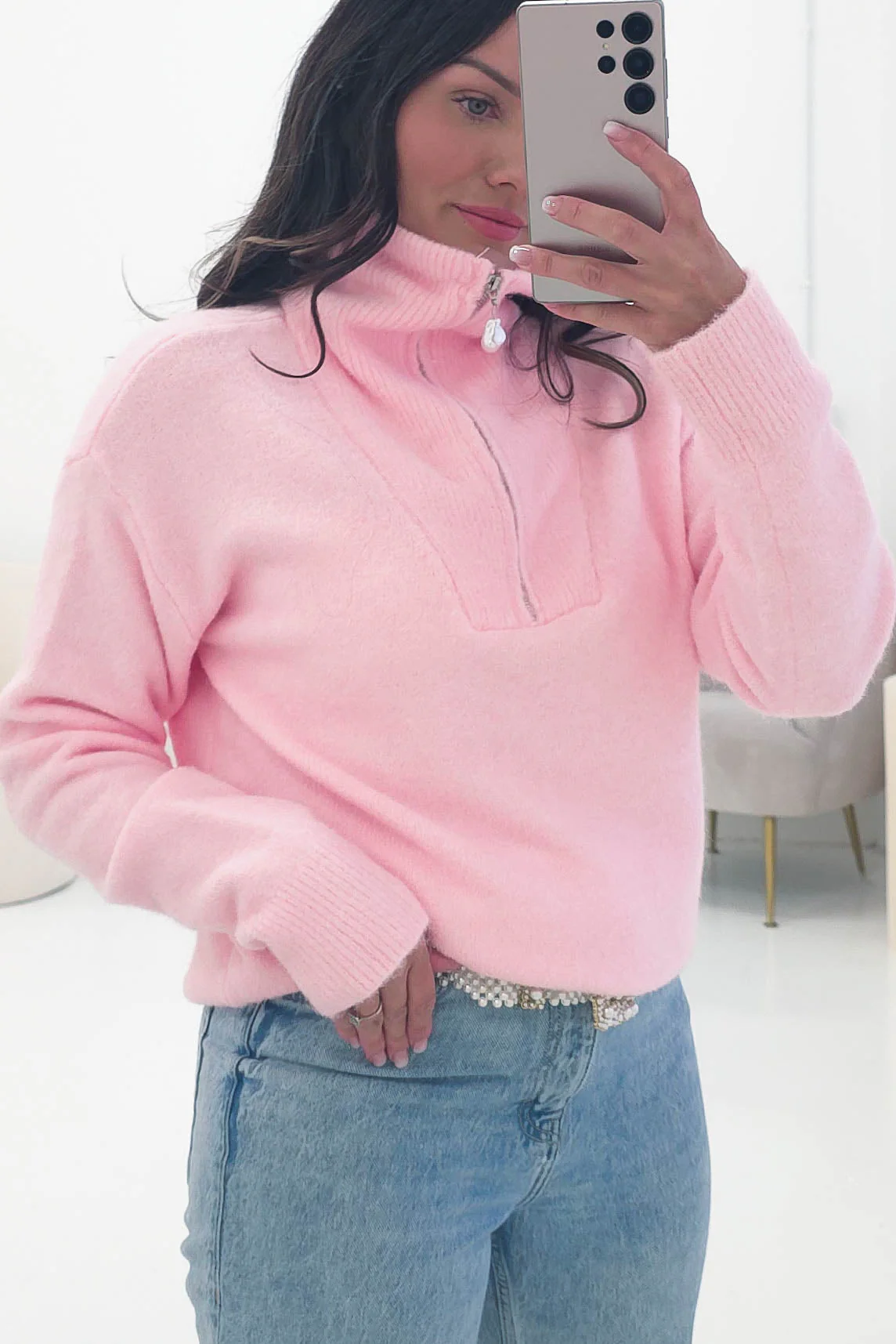 Chaney Half Pink Zip Jumper | Pink