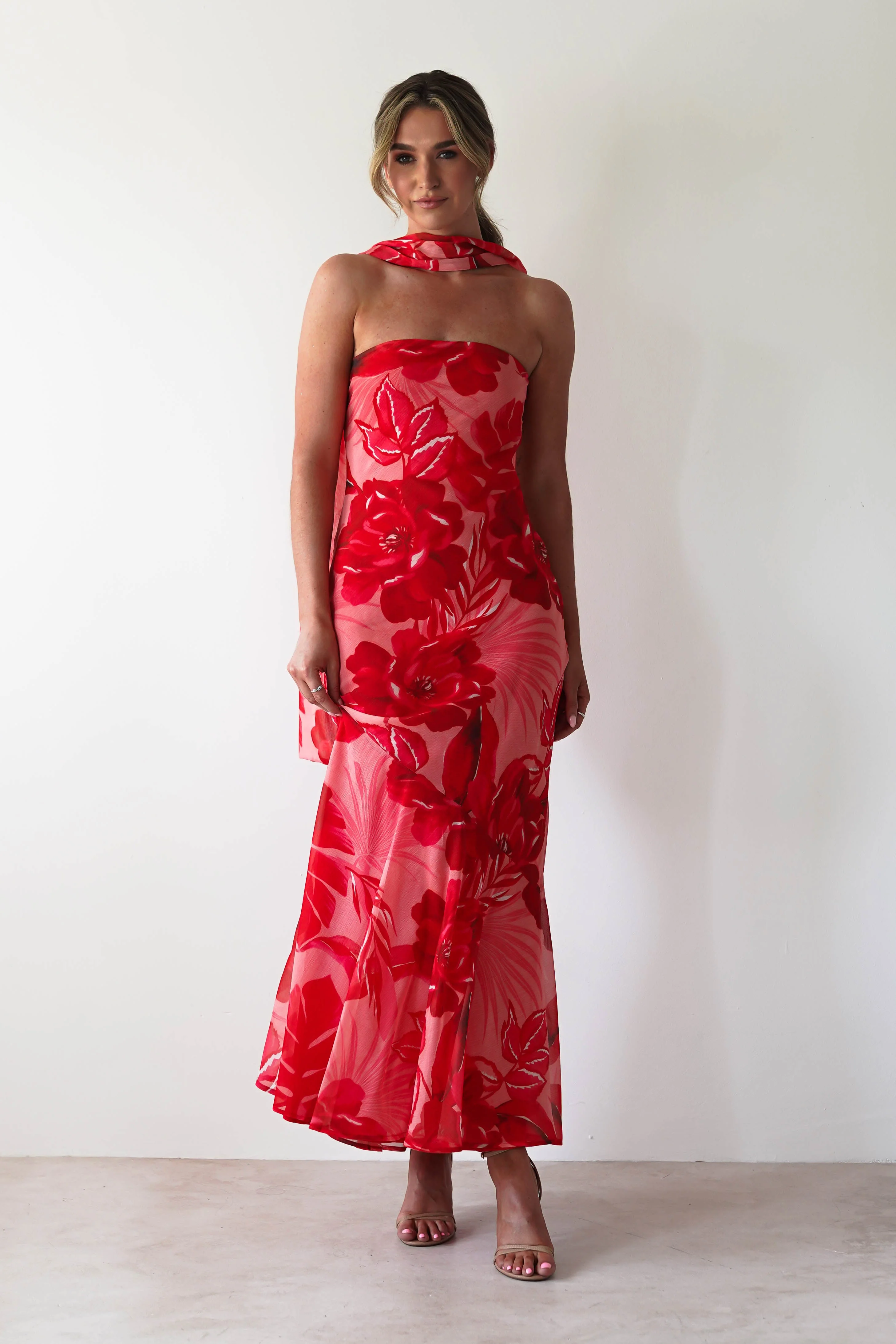 Charlene Floral Chiffon Maxi Dress | Red Print - Image 7