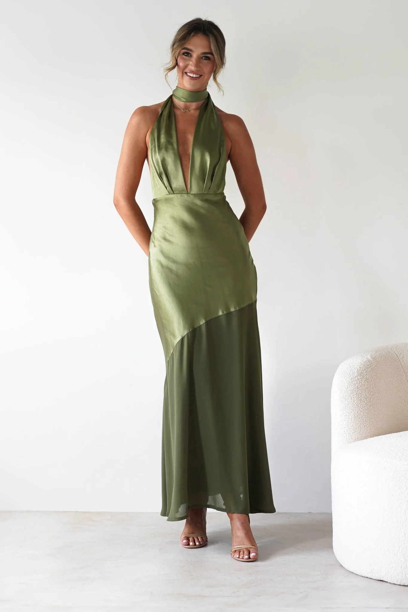 Cheree Silky Halterneck Maxi Dress | Olive - Image 7