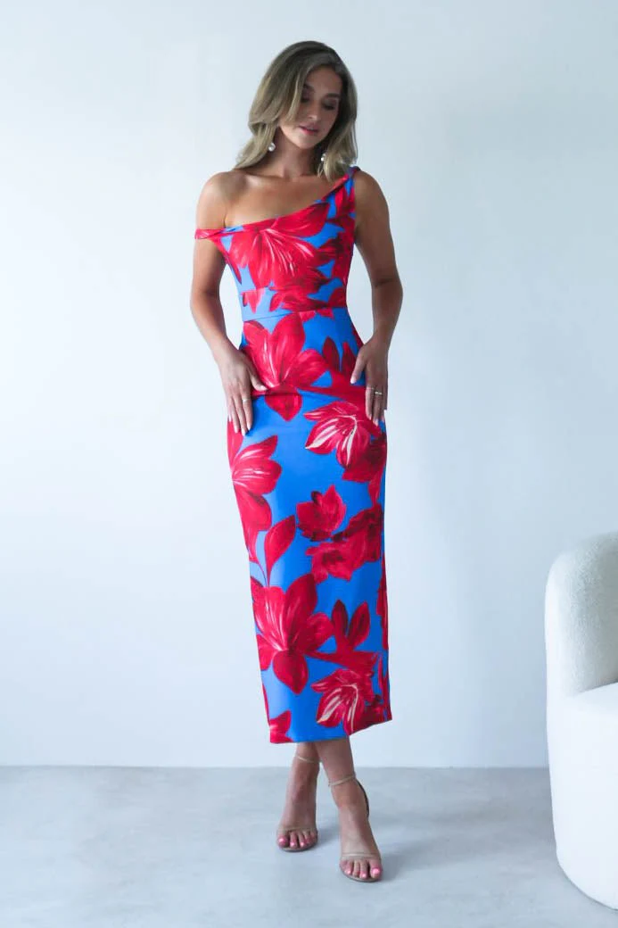 Elliot Floral Print Midi Dress | Blue/Red - Image 8