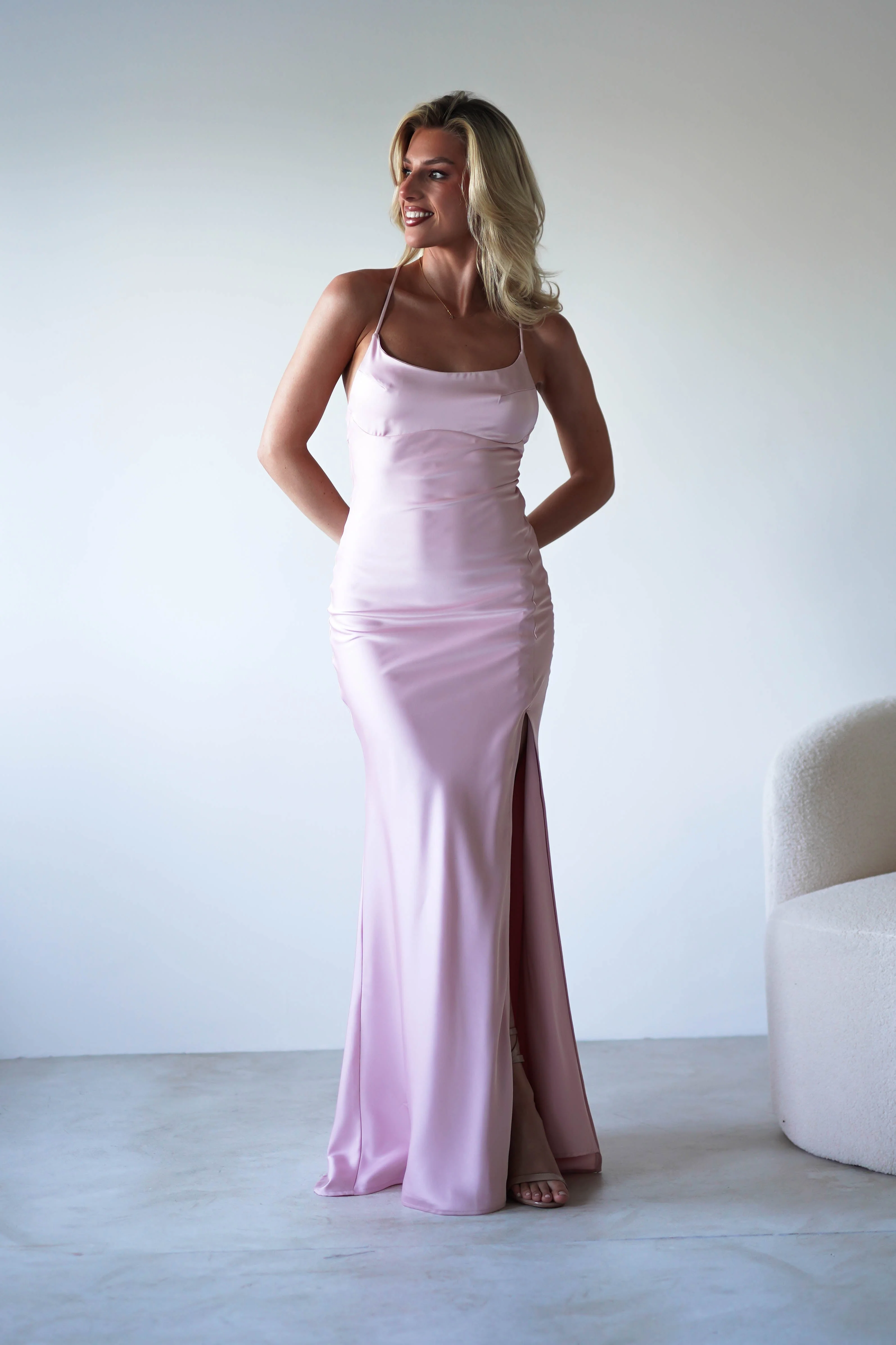 Elsa Matte Satin Maxi Gown | Blush Pink