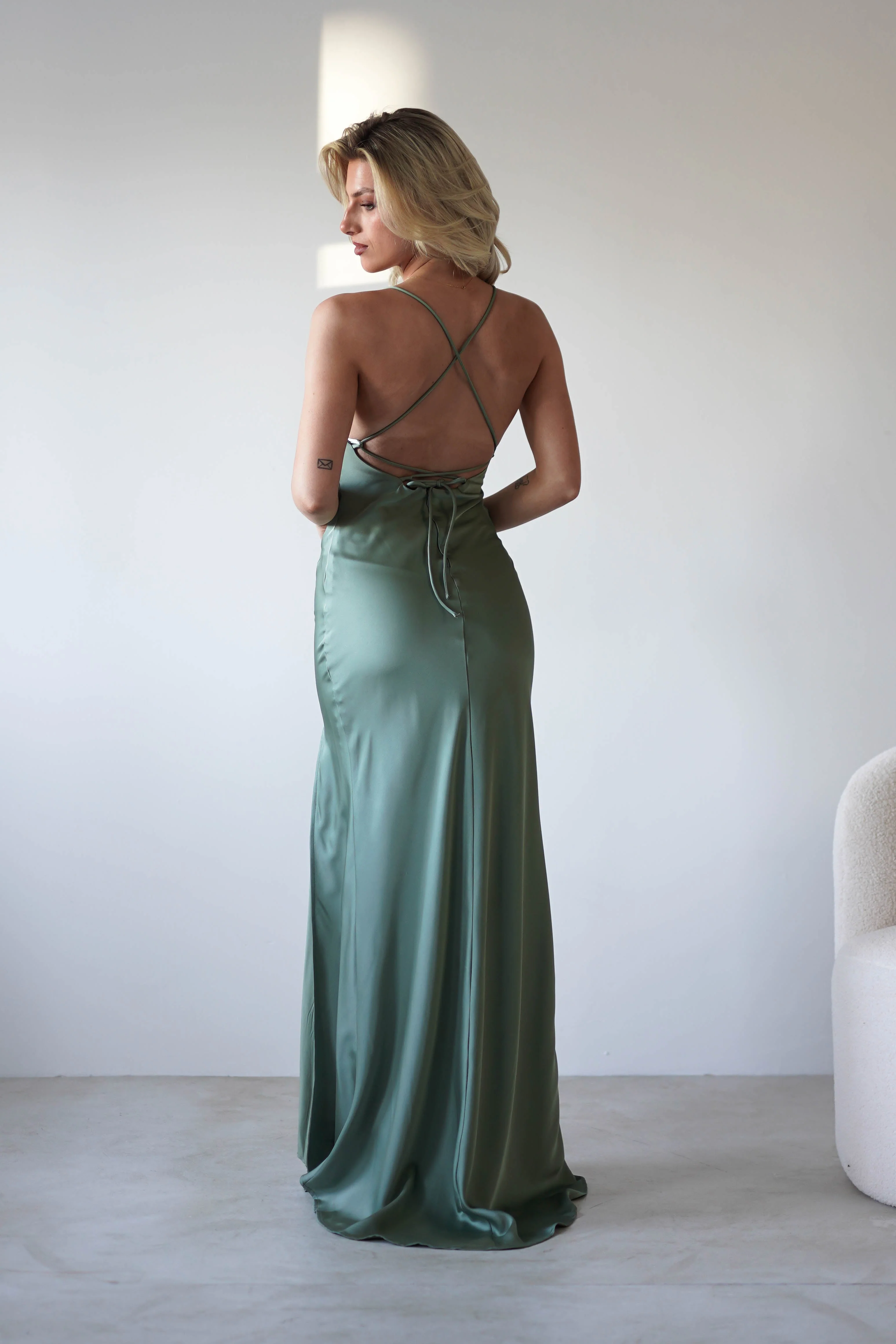Elsa Matte Satin Maxi Gown | Olive - Image 9