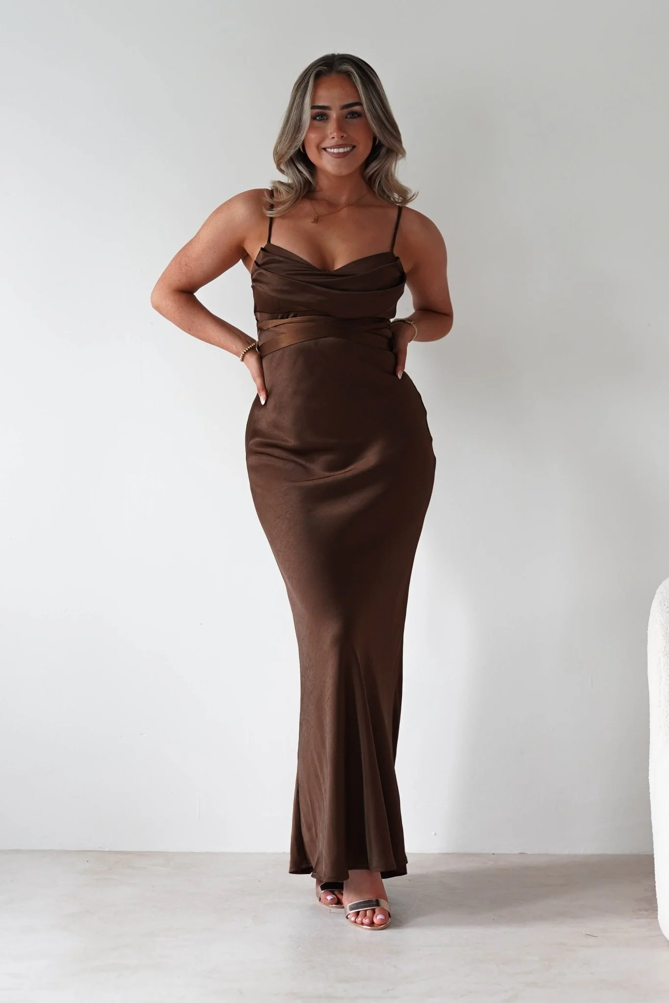 Everleigh Soft Satin Midaxi Dress | Brown - Image 12