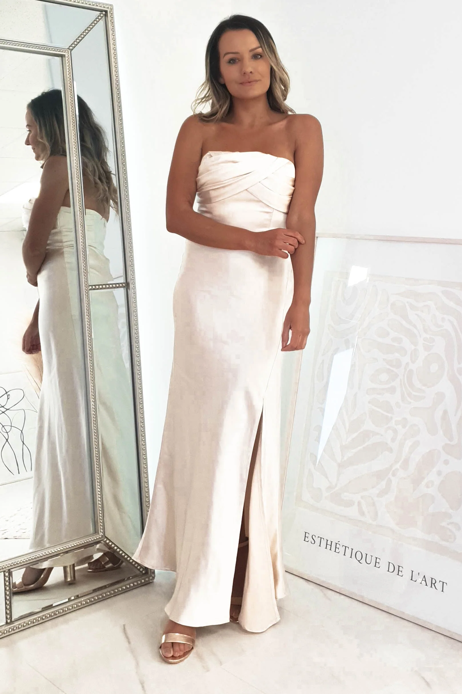 Everly Strapless Satin Midi Dress | Champange - Image 7