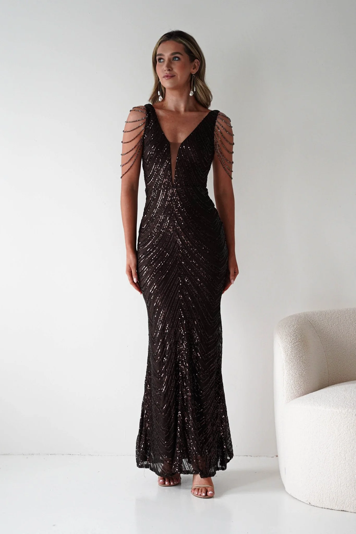 Fayette Embellished Sequin Gown | Brown - Image 9
