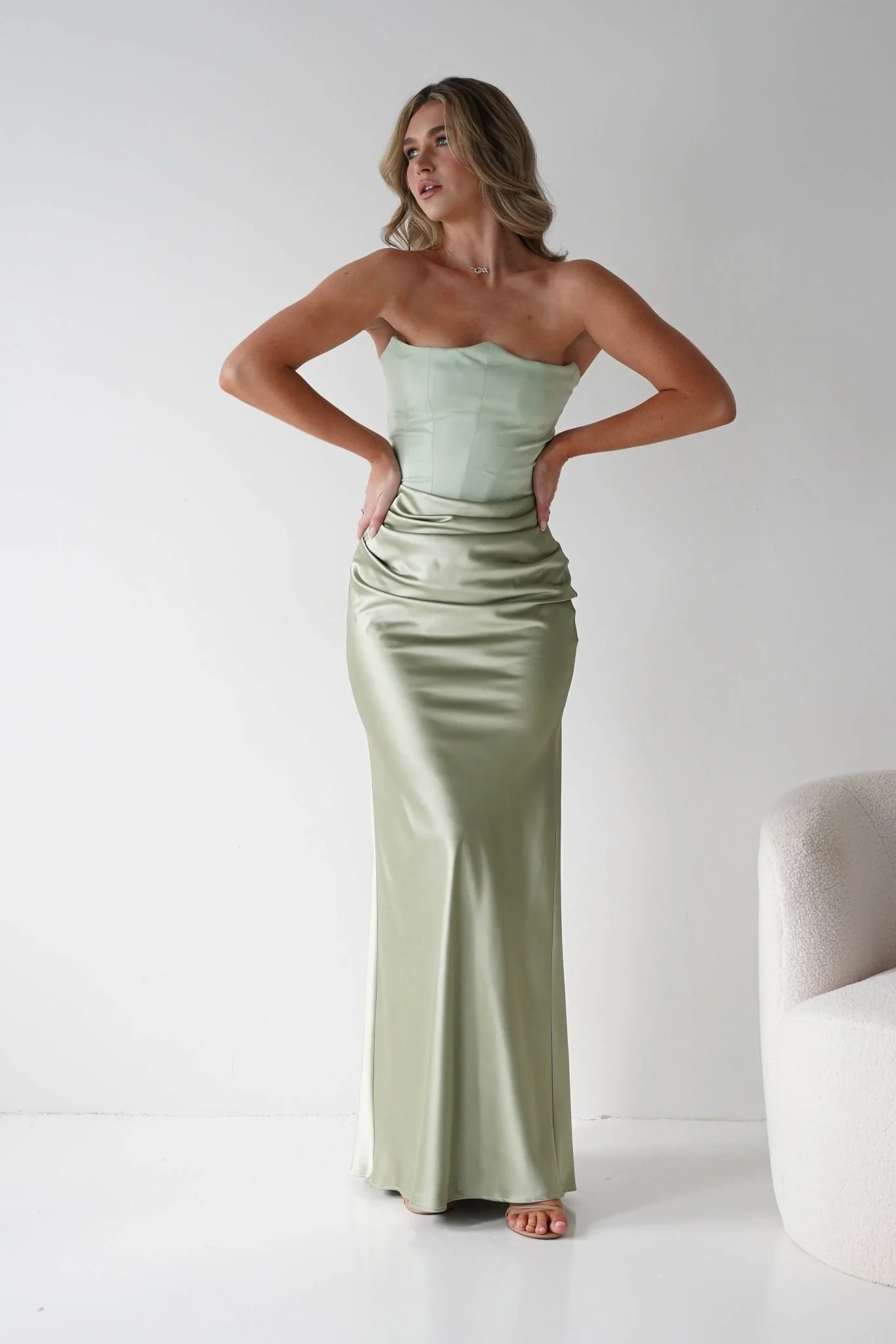 Giselle Corset Satin Maxi Dress | Sage - Image 9