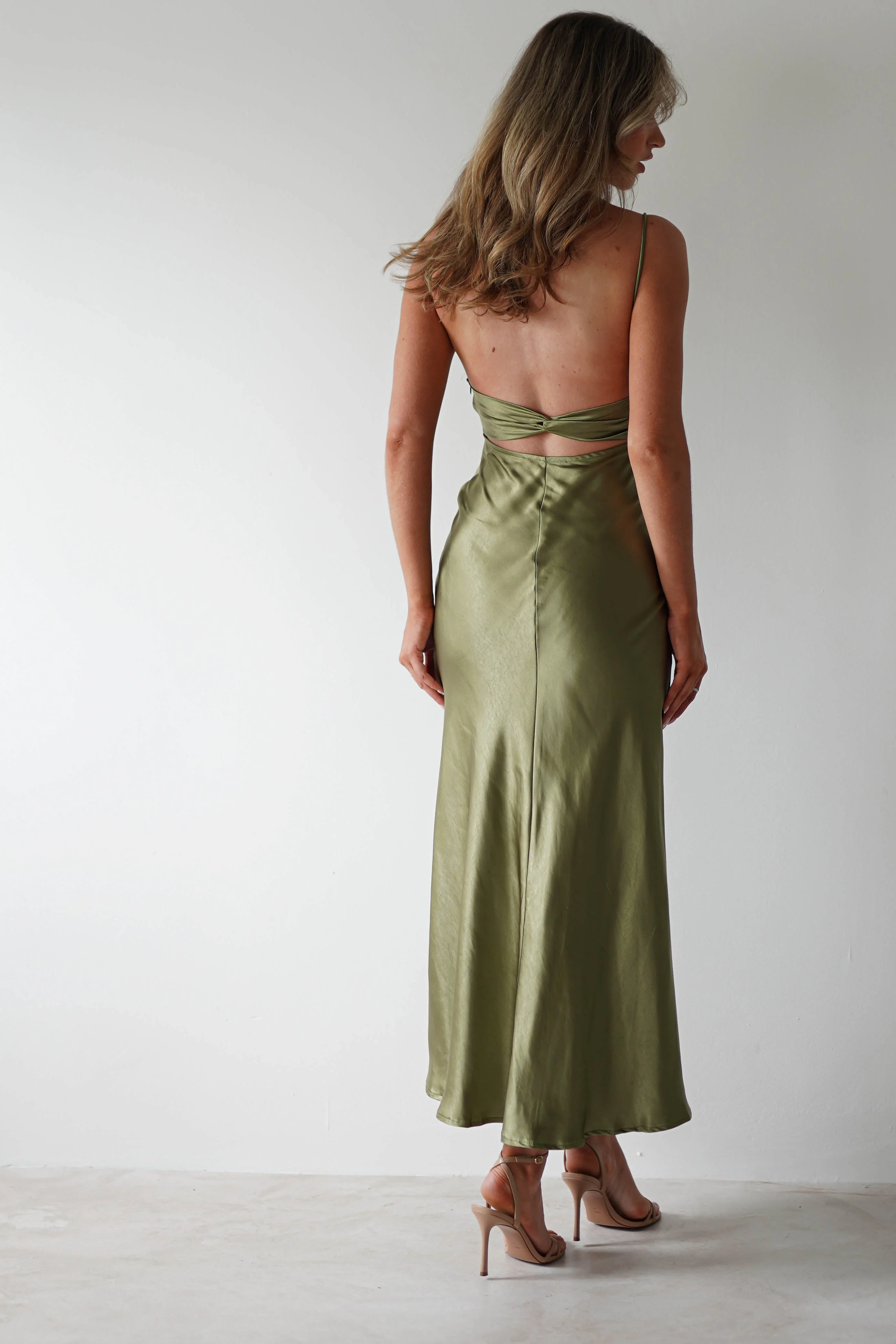 Grace Soft Satin Maxi Dress | Olive - Image 9