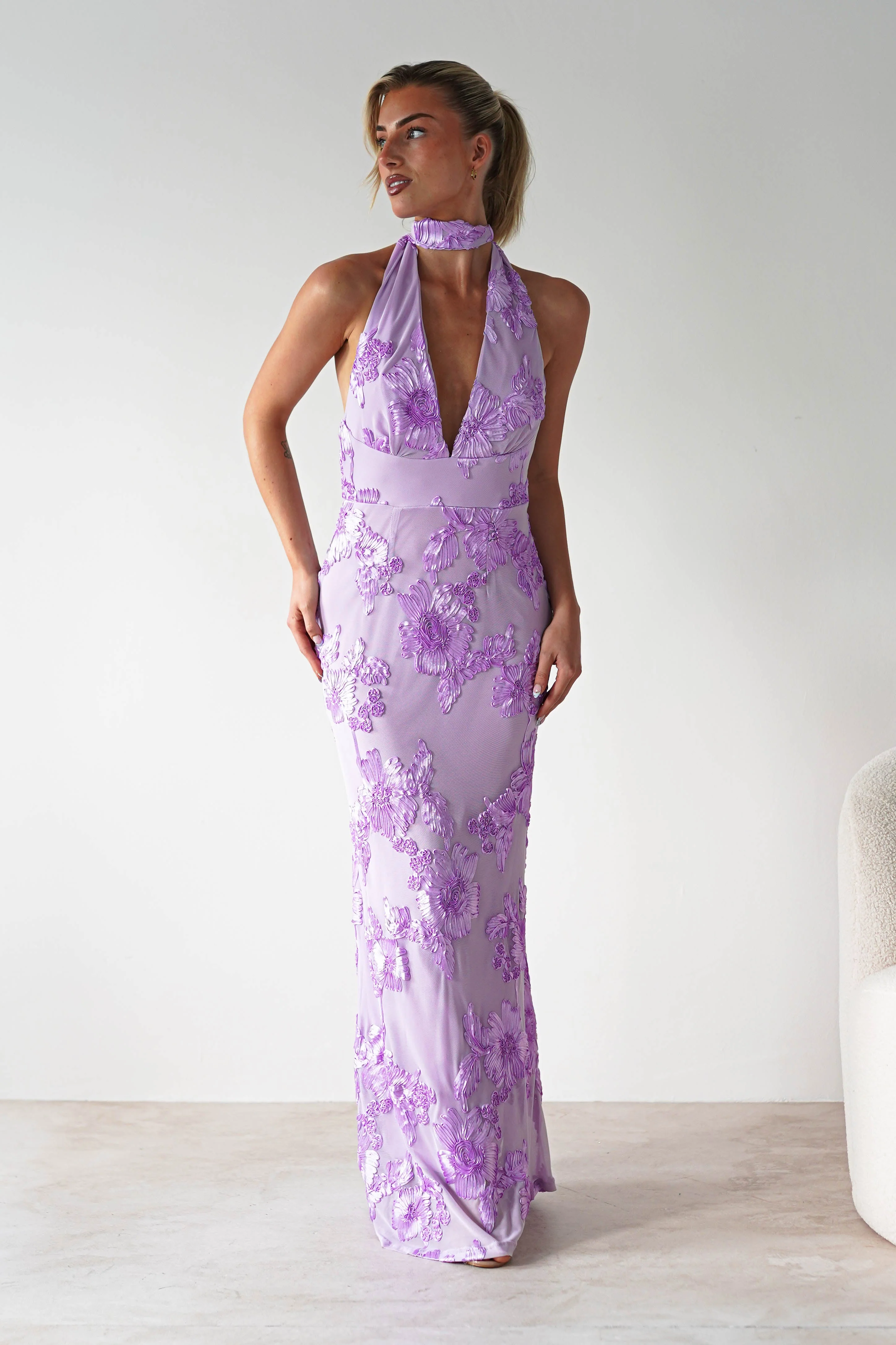 Halsey Tie Back Maxi Dress | Lilac Textured - Image 5