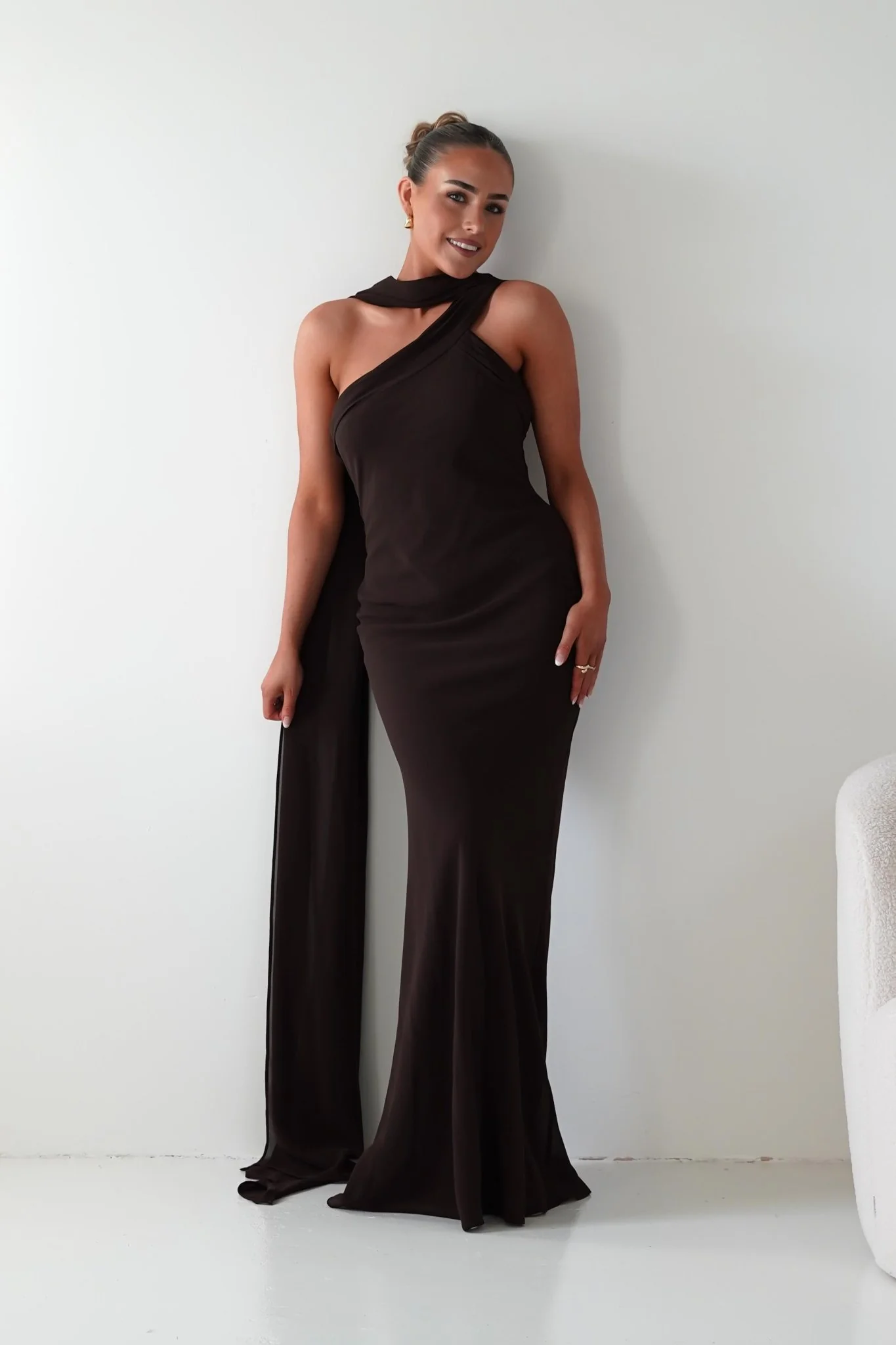 Hathaway Chiffon Drape Maxi Dress | Brown - Image 3