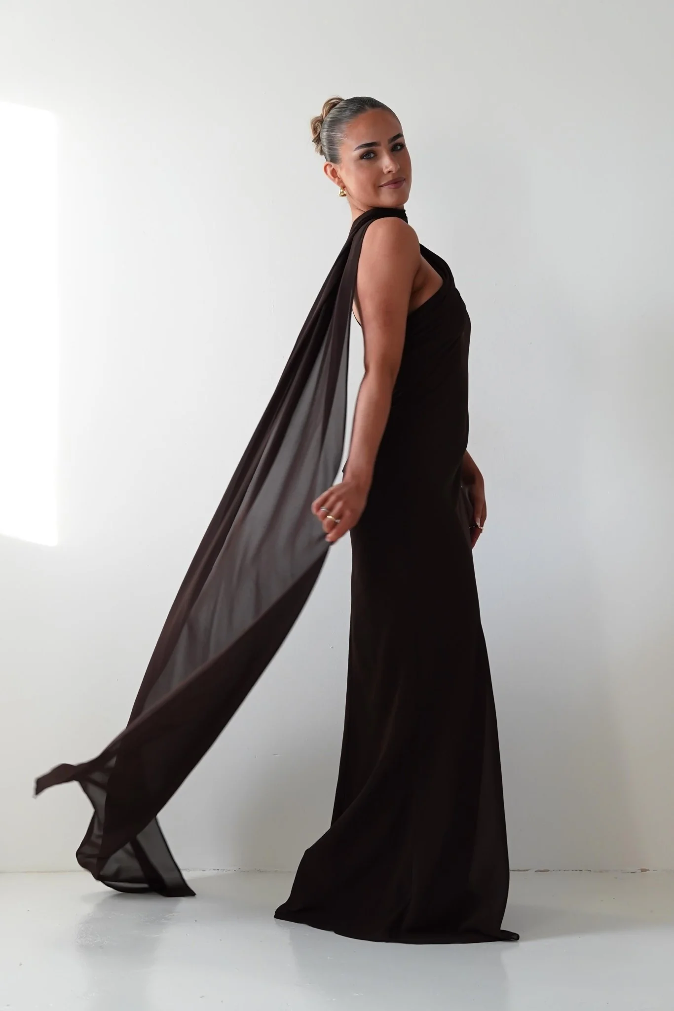 Hathaway Chiffon Drape Maxi Dress | Brown - Image 7