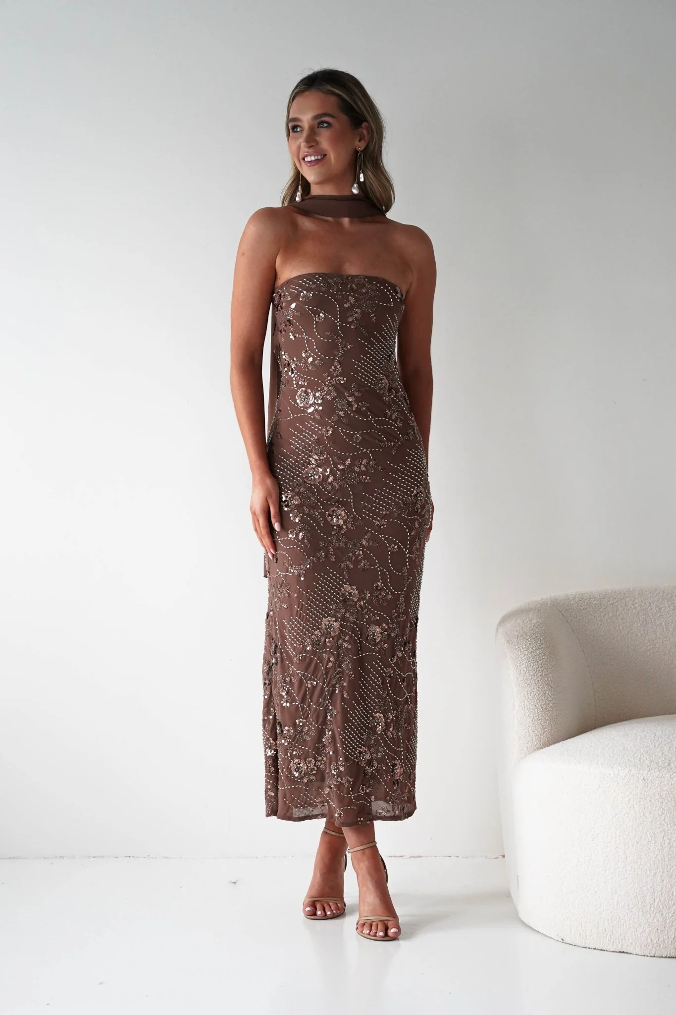 Hayleigh Beaded Strapless Maxi Dress | Brown - Image 5