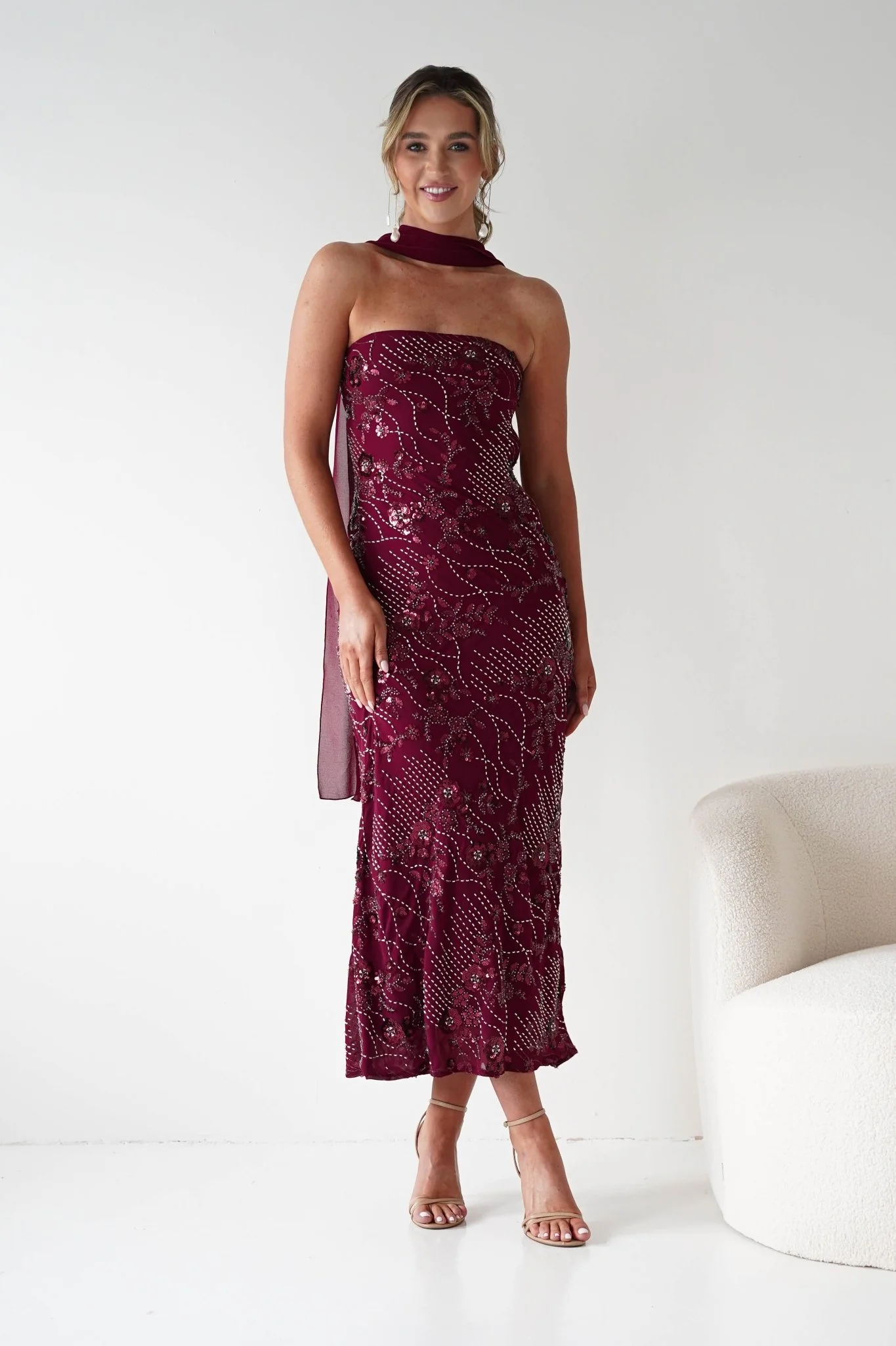 Hayleigh Beaded Strapless Maxi Dress | Wine - Image 10
