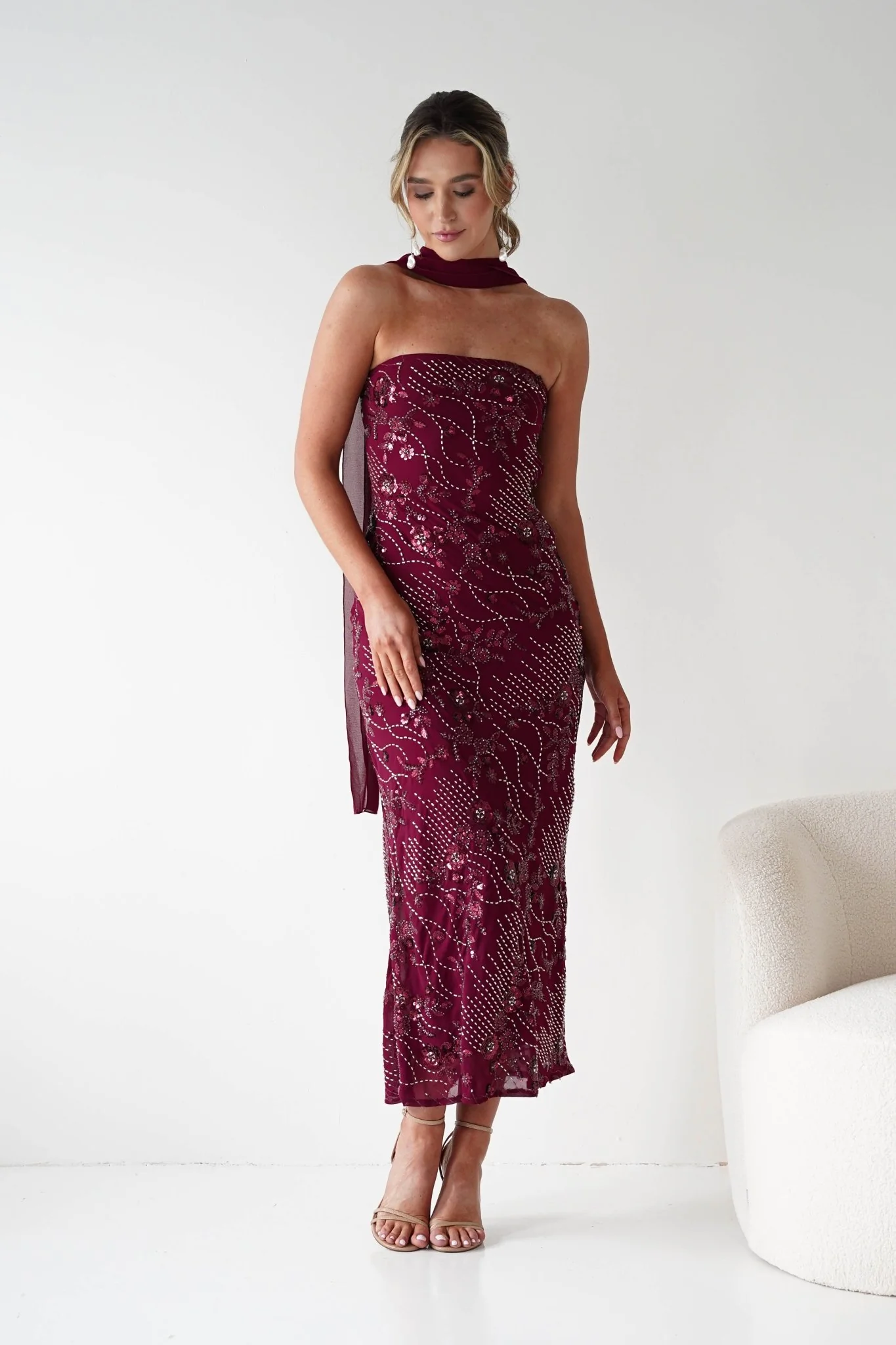 Hayleigh Beaded Strapless Maxi Dress | Wine - Image 12