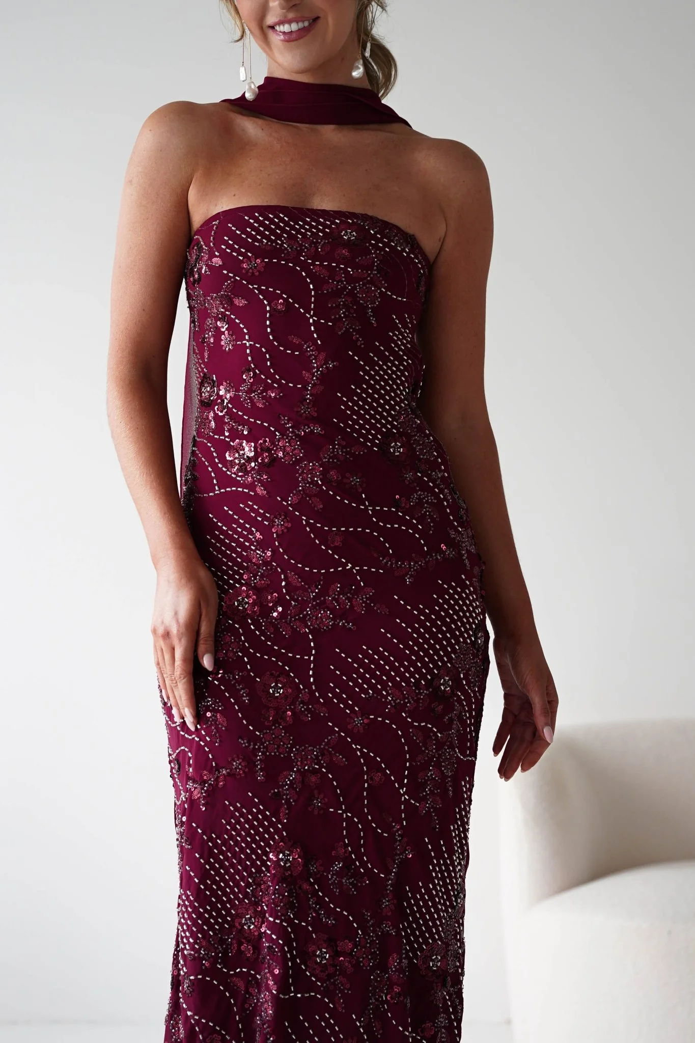 Hayleigh Beaded Strapless Maxi Dress | Wine - Image 7