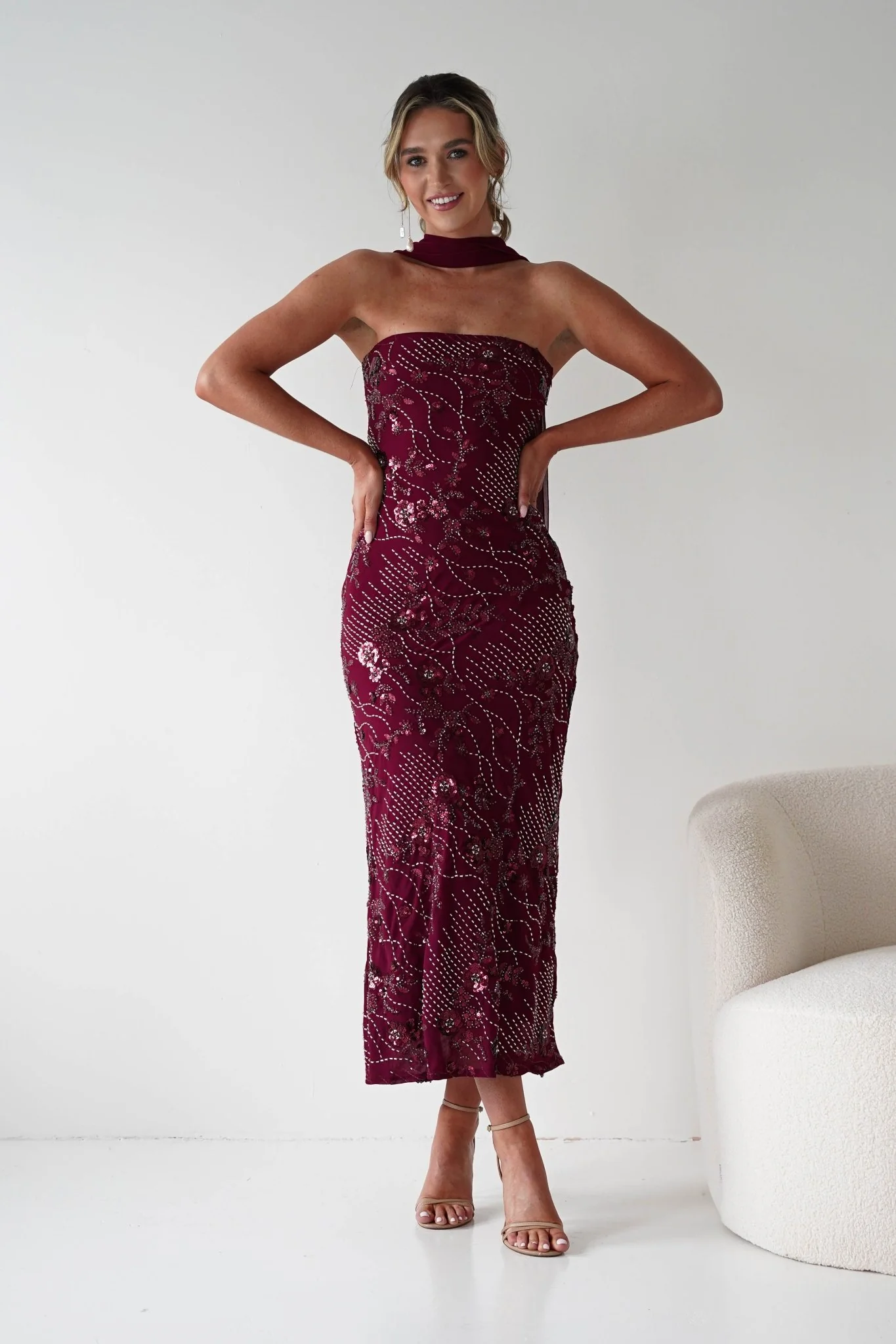 Hayleigh Beaded Strapless Maxi Dress | Wine - Image 9