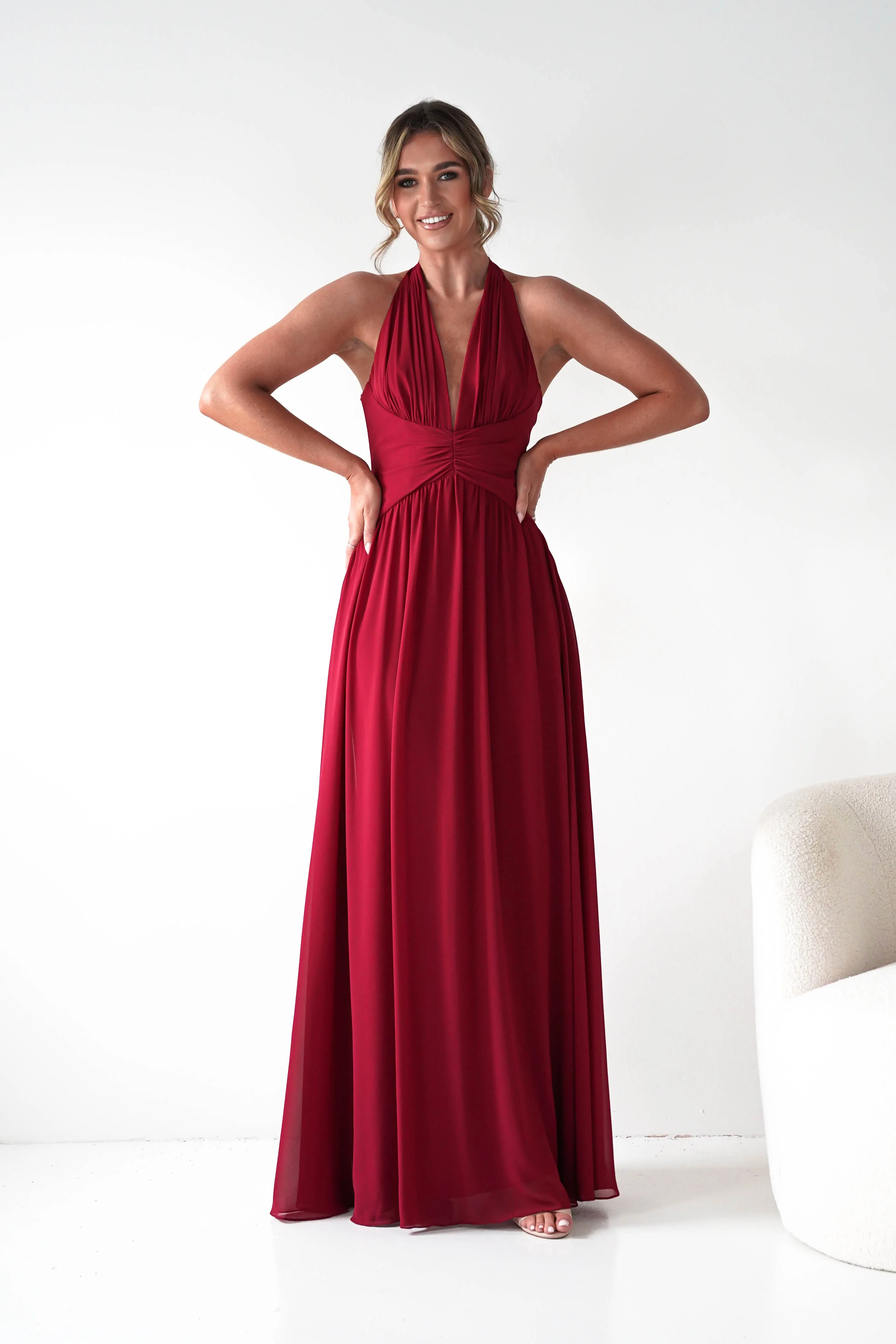 Helen Chiffon A-Line Maxi Dress | Dark Red - Image 8