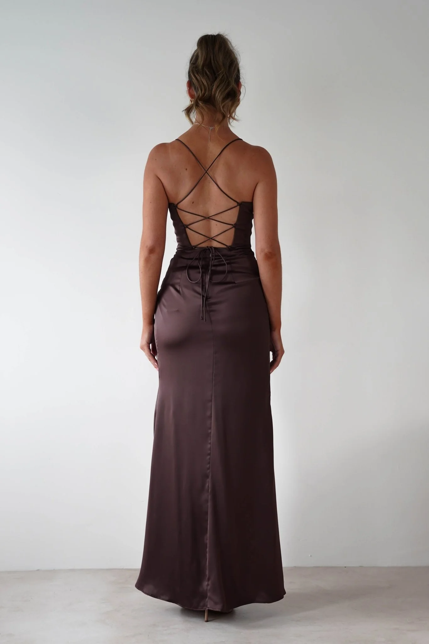 Julianne High Slit Corset Satin Gown | Brown - Image 7