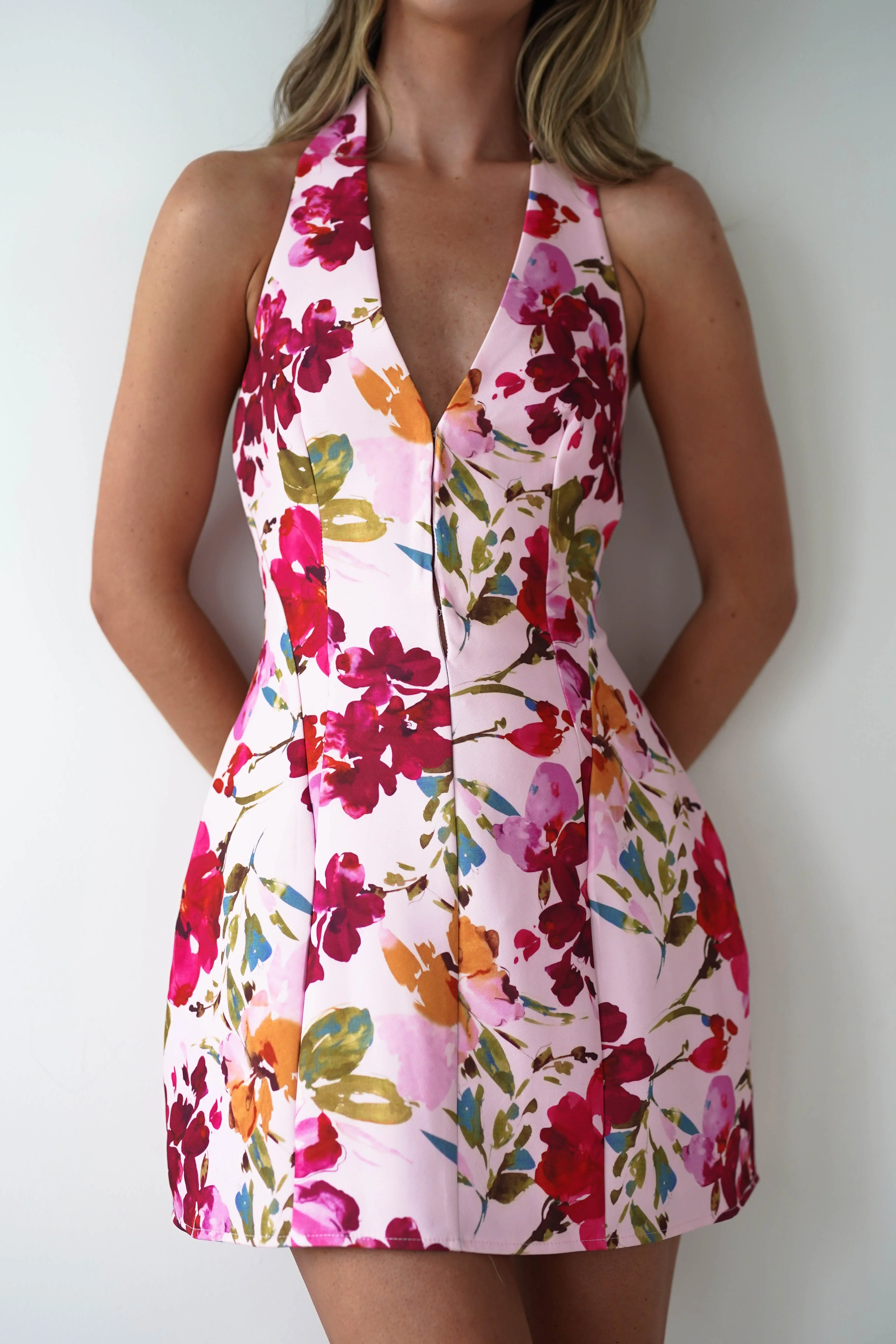 Juliet Halter Neck Floral Mini Dress | Pink - Image 3