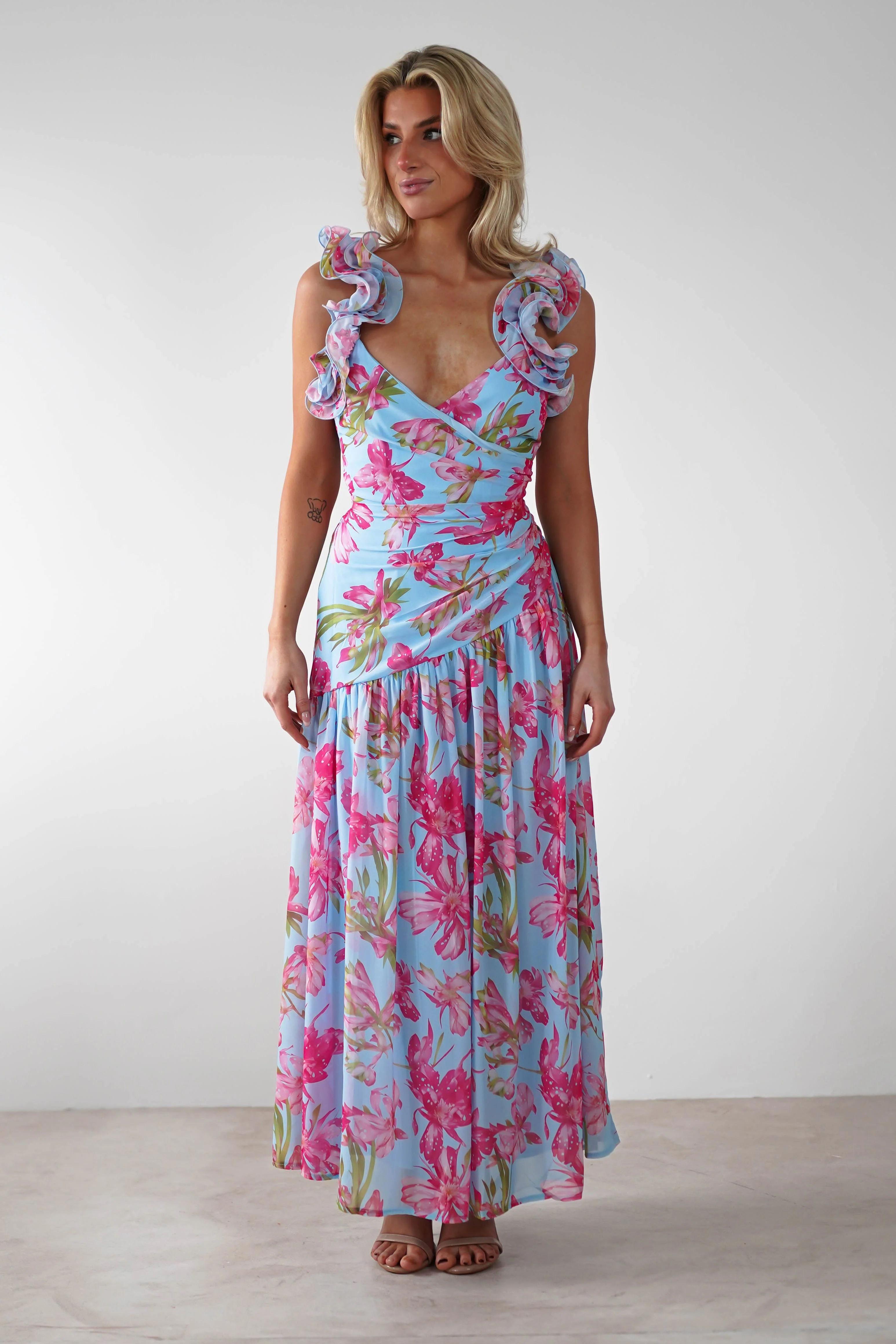 Karmen Ruffle Floral Midaxi Dress | Blue/Pink - Image 11