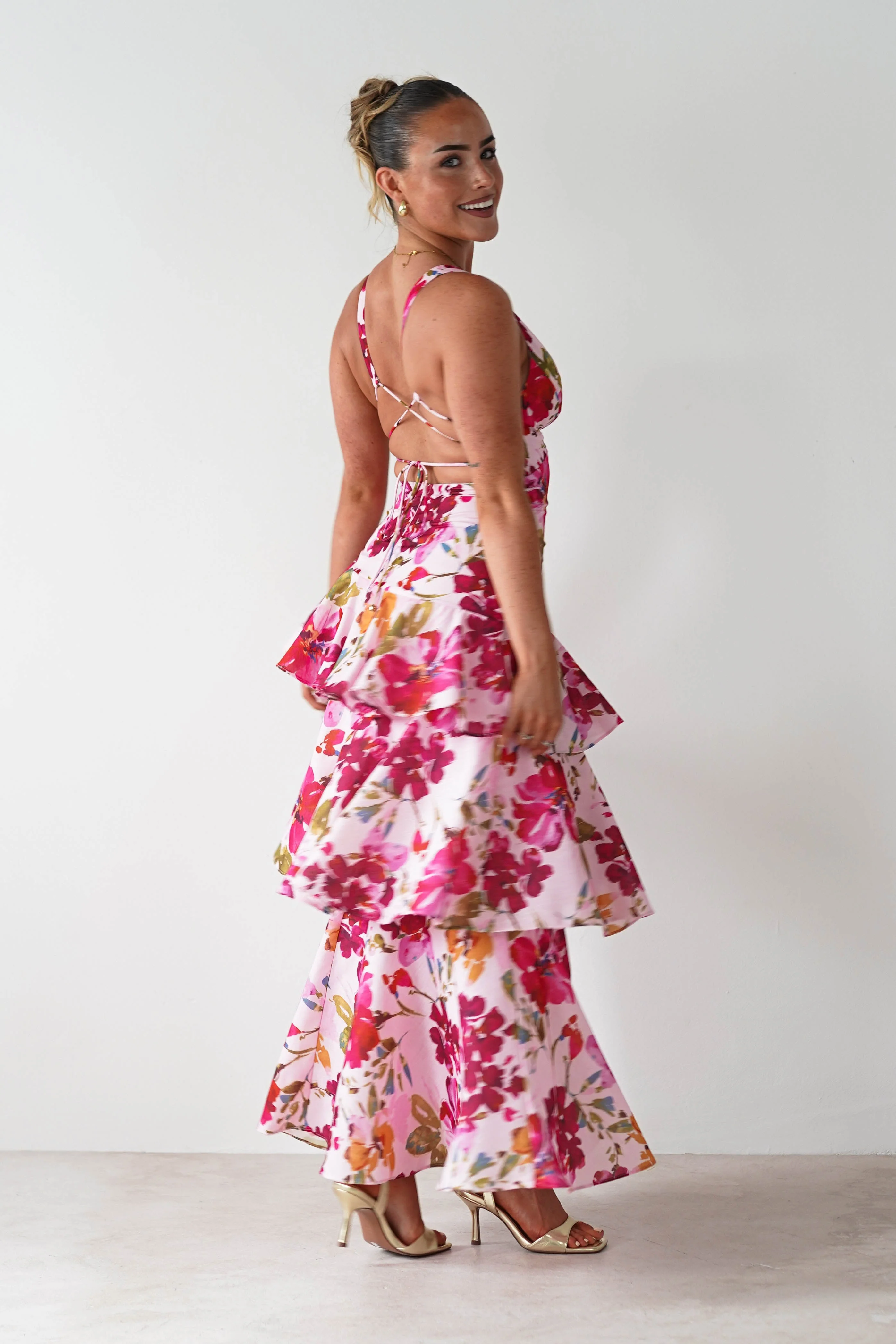 Katrina Floral Print Cotton Ruffle Maxi Dress | Pink - Image 6