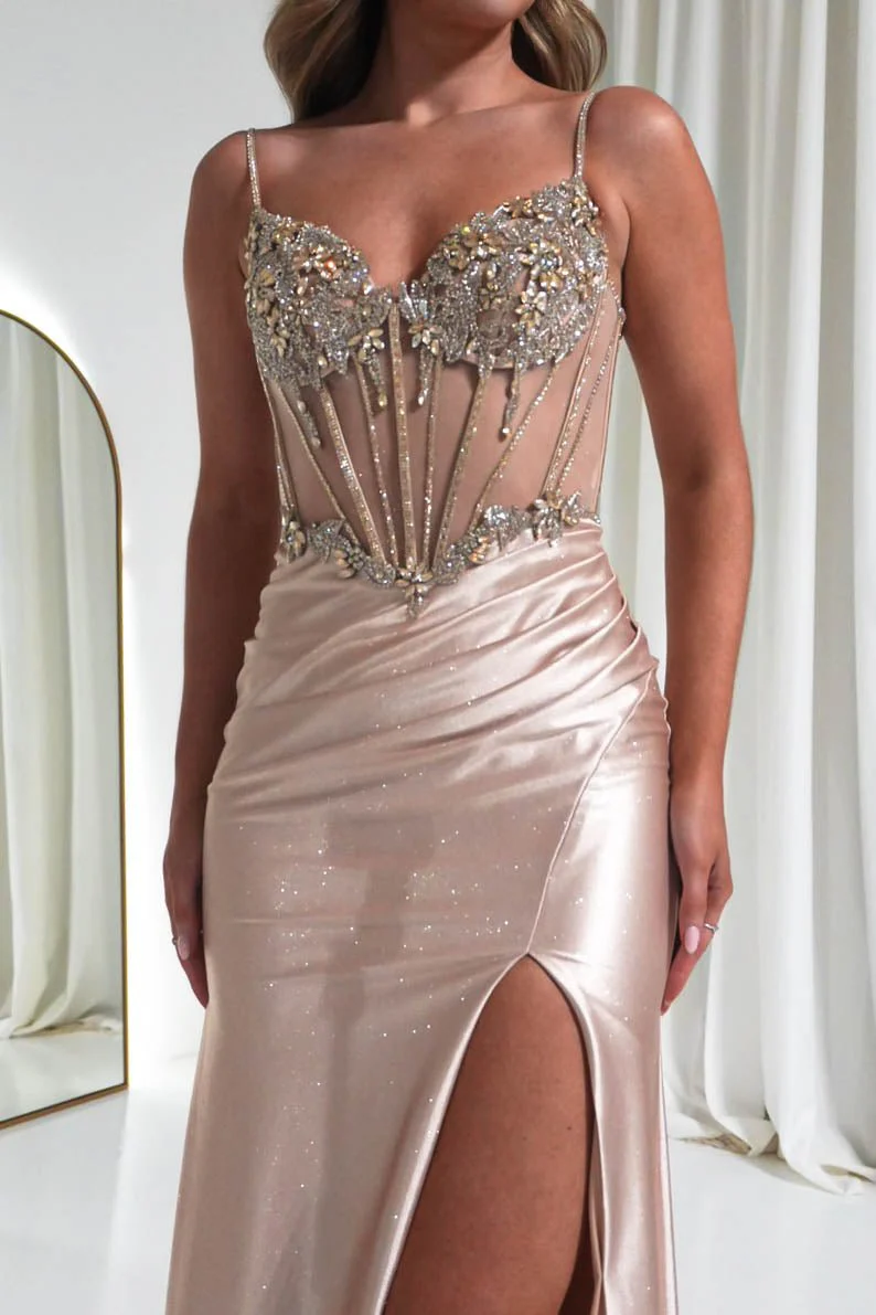 Kayla Embellished Corset Glitter Gown | Light Gold - Image 4
