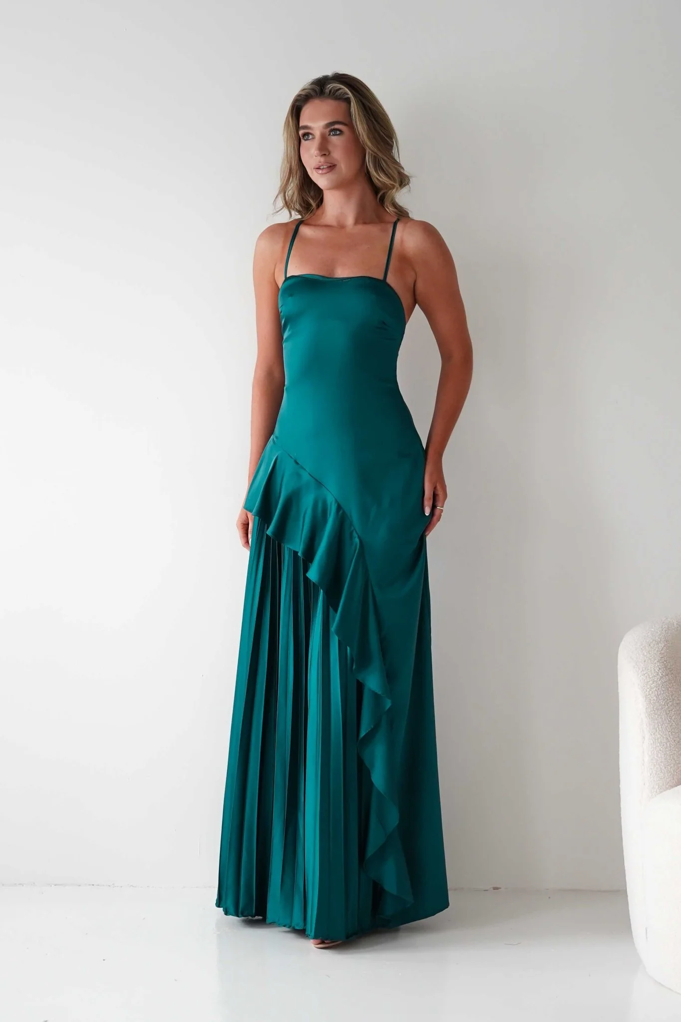 Krishna Satin Pleated Maxi Dresses | Emerald Green - Image 6