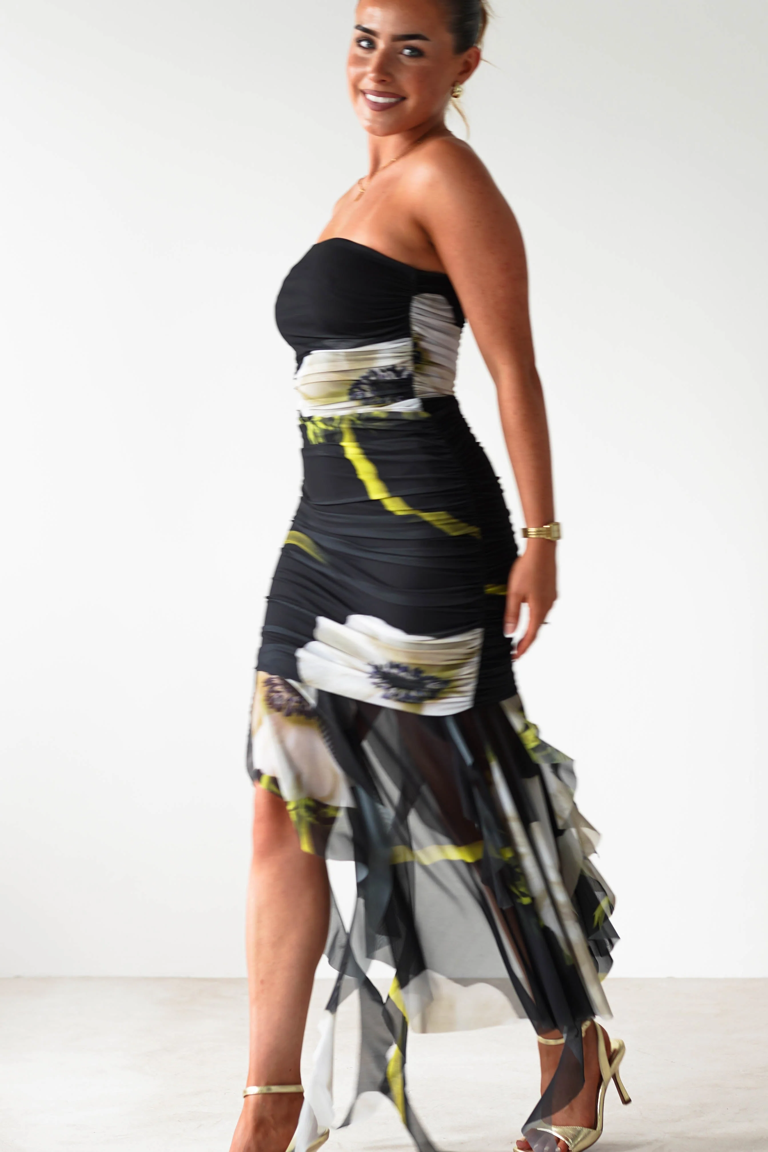 Kristie Strapless Mesh Midi Dress | Black - Image 3