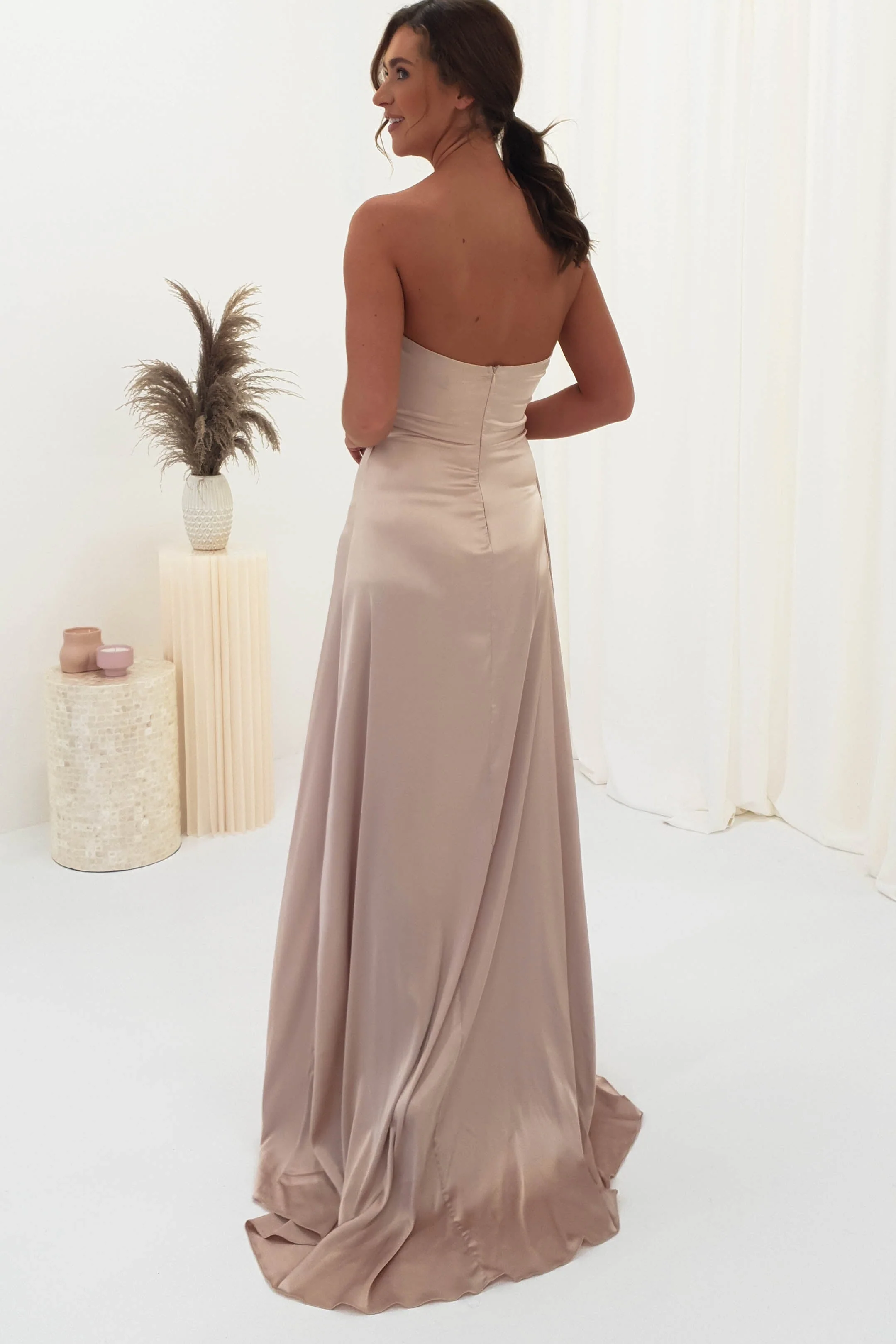 Krysta Soft Satin Long Strapless Gown | Champagne - Image 4