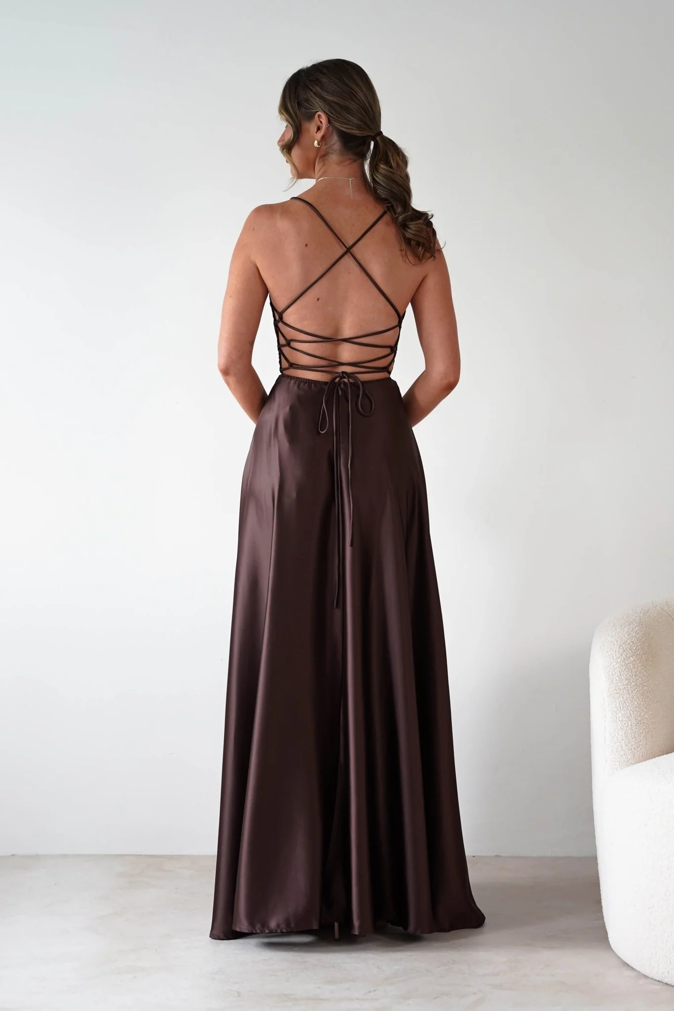 Leelie Silky Satin Maxi Gown | Brown - Image 6