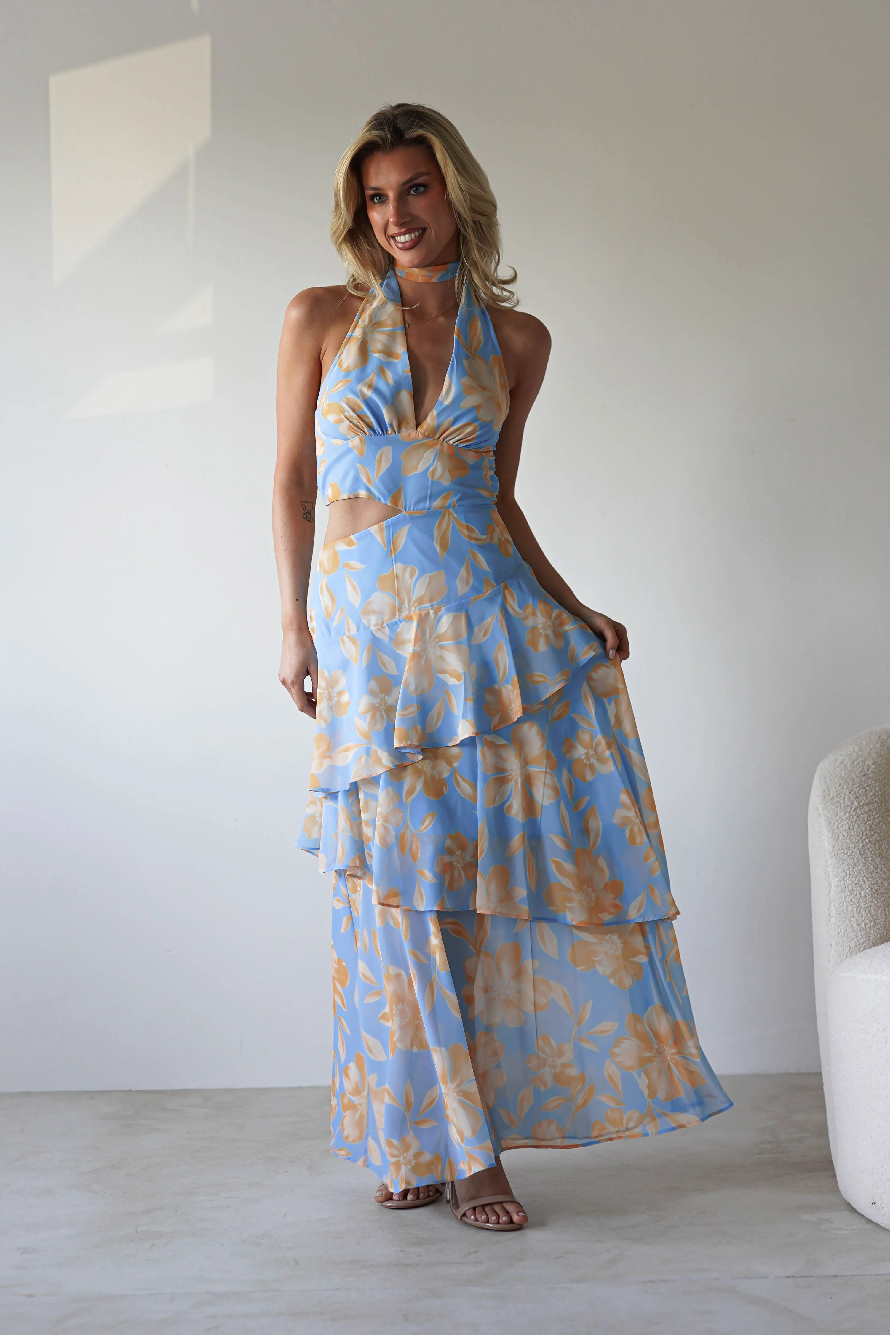 Lohan Ruffle Floral Maxi Print Dress | Blue - Image 2