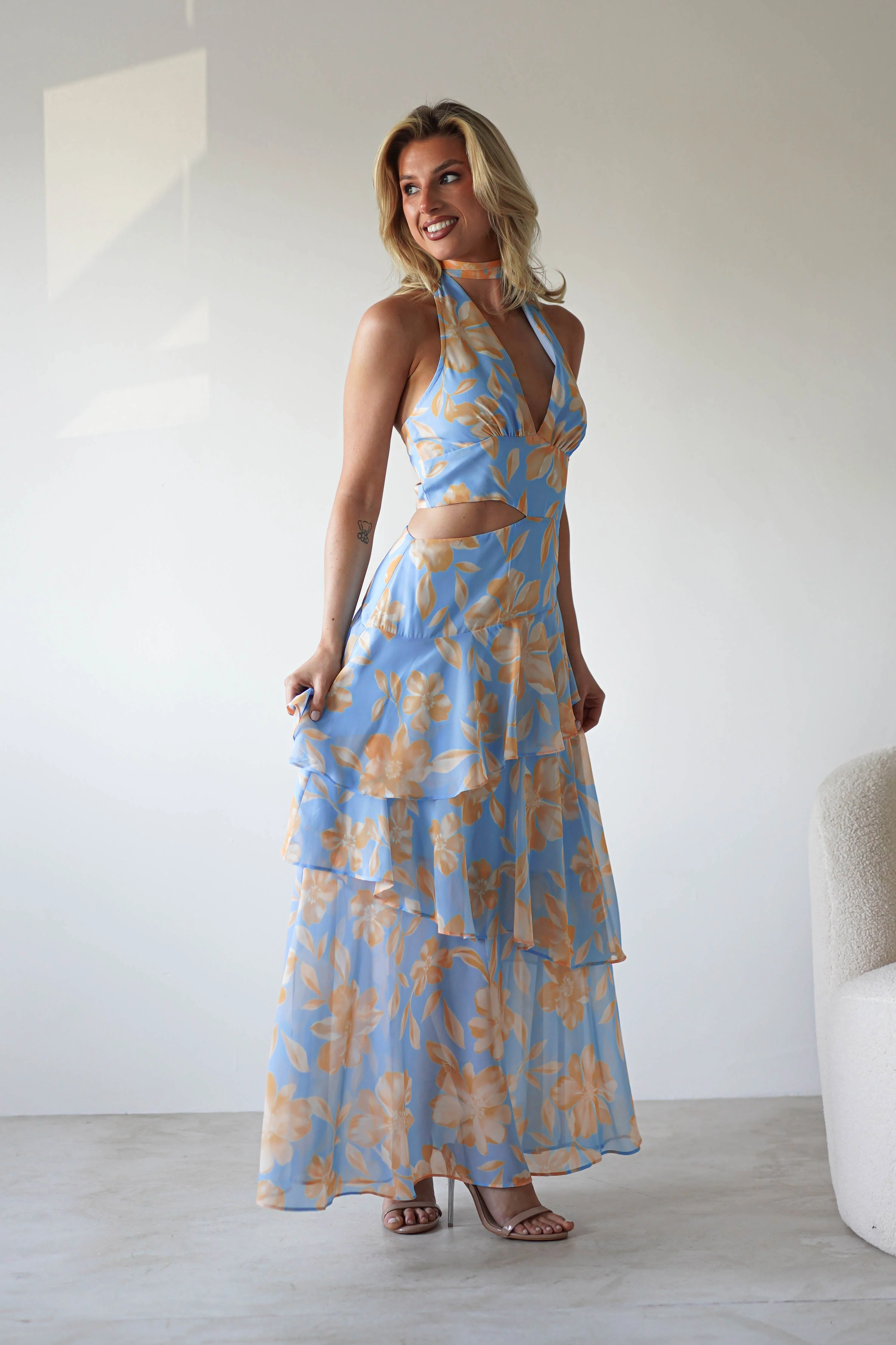Lohan Ruffle Floral Maxi Print Dress | Blue - Image 3