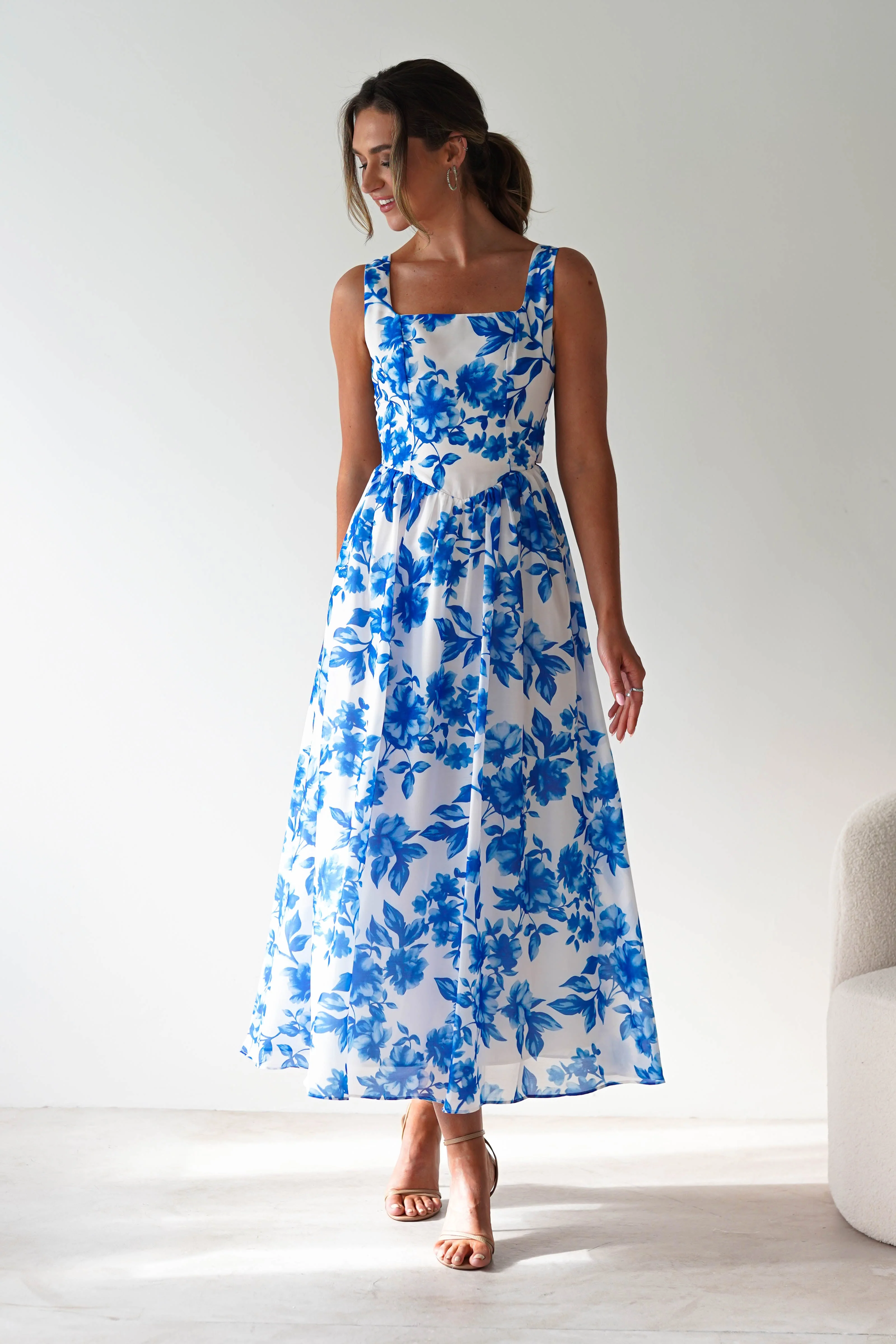 Maisie Floral Skater Maxi Dress | Blue - Image 9