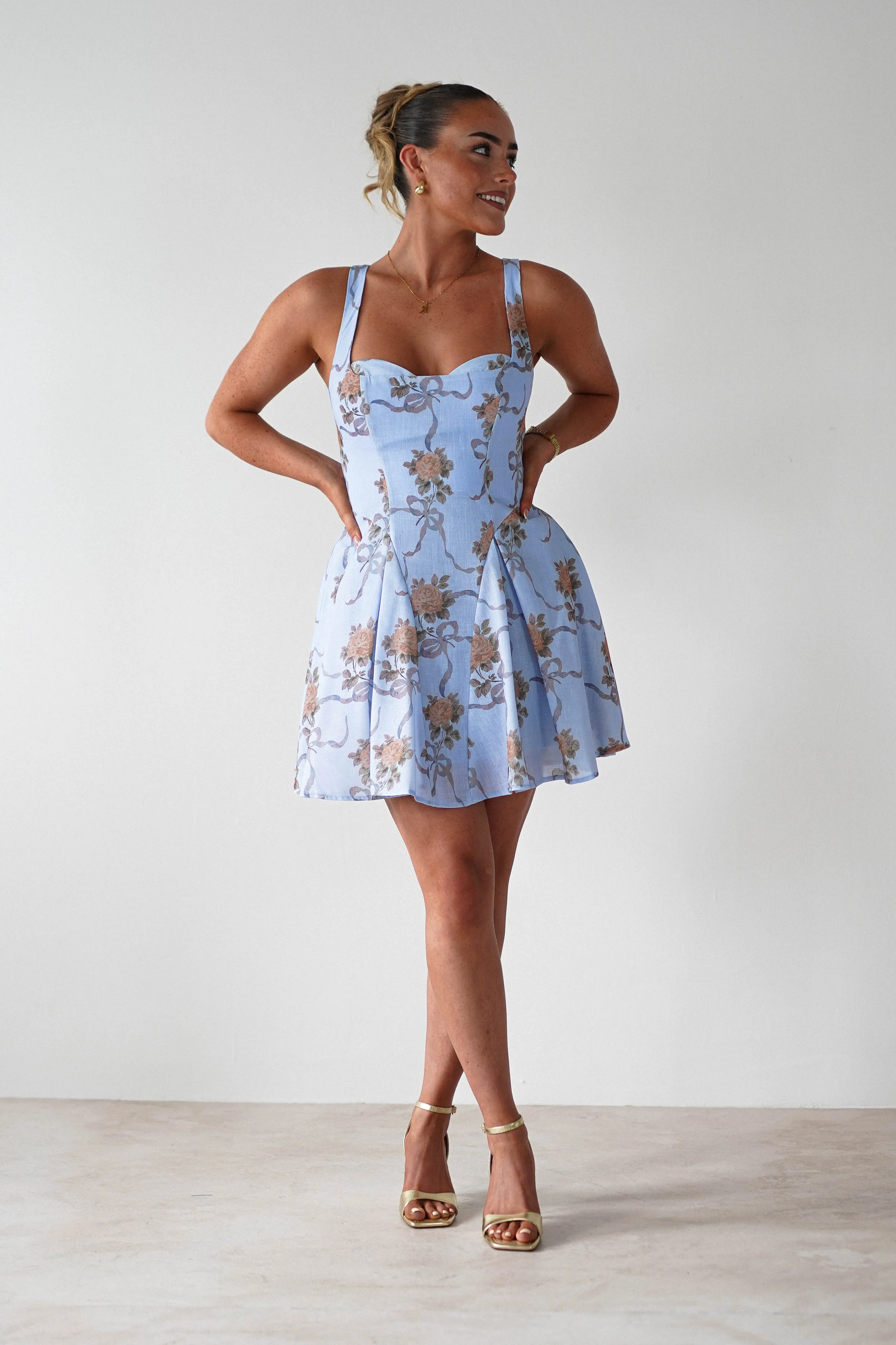 Mariel Floral Print Mini Skater Dress | Blue - Image 11