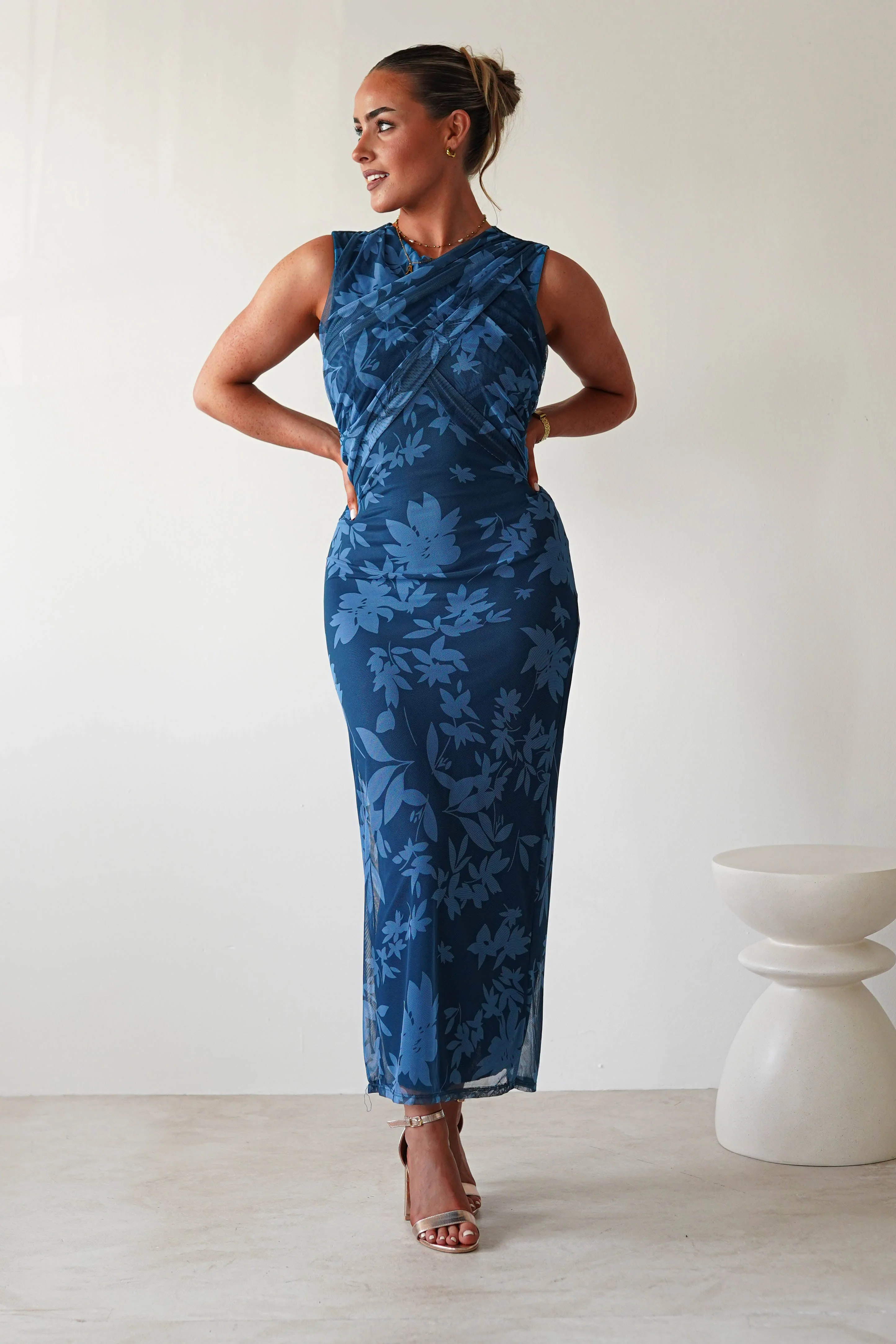 Meadow Floral Mesh Midi Dress | Blue - Image 7