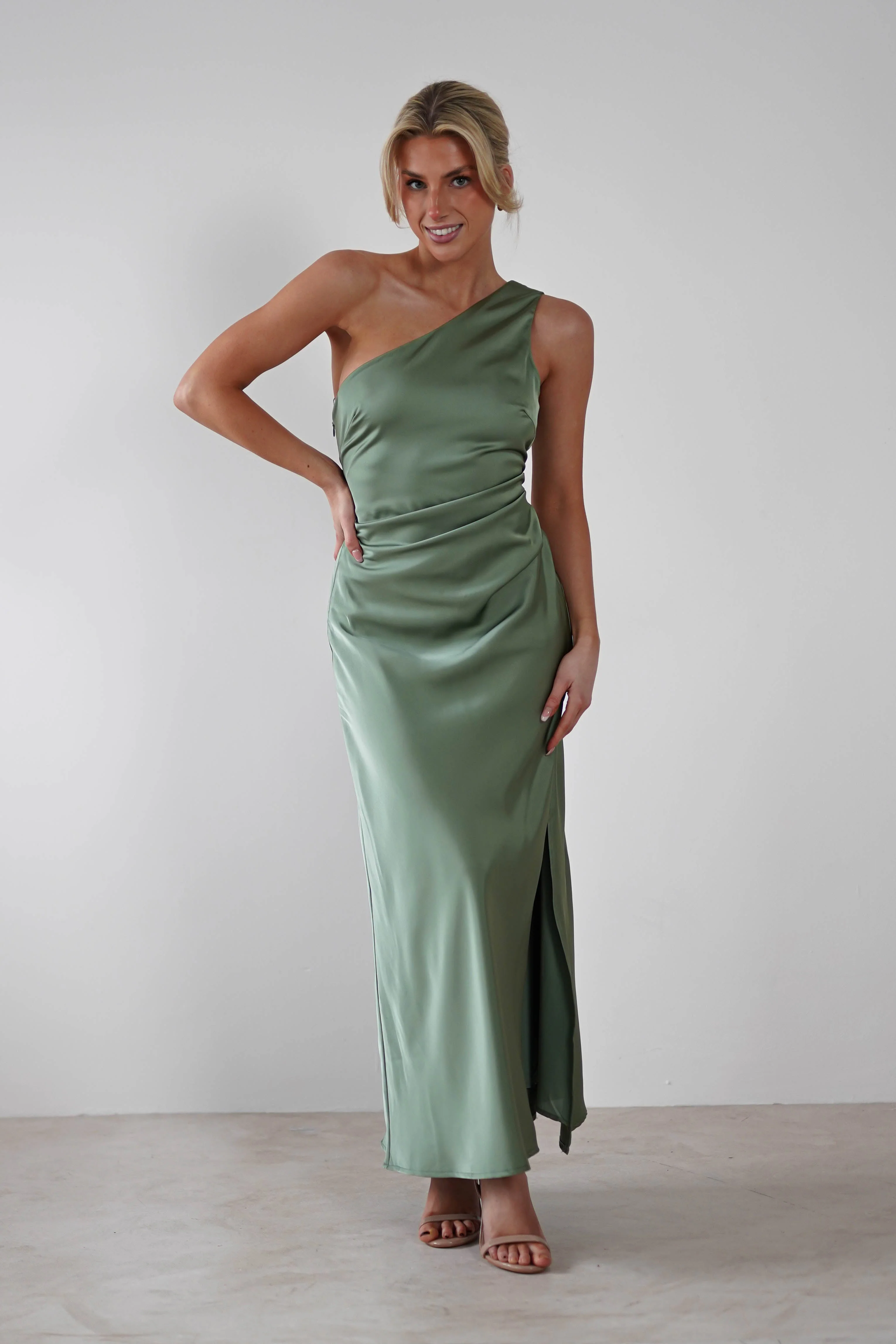 Meera Soft Matte Satin Midaxi Dress | Olive - Image 6