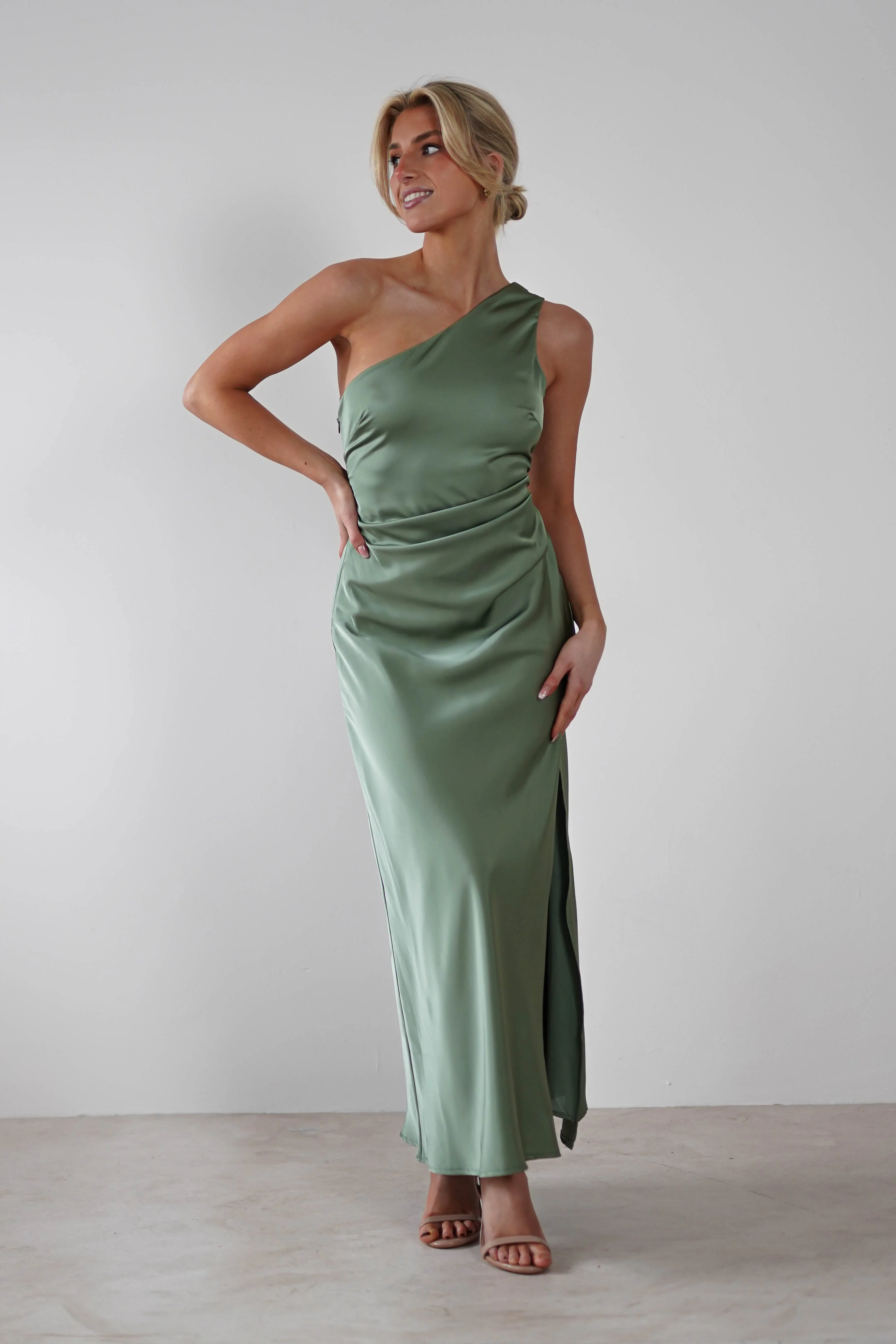 Meera Soft Matte Satin Midaxi Dress | Olive - Image 8