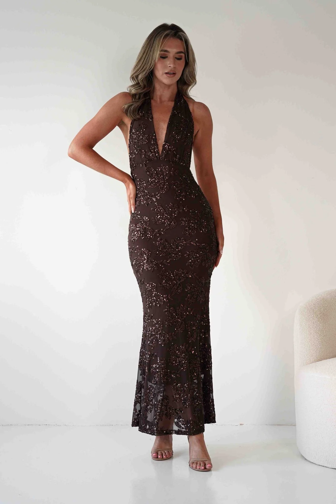 Michaela Halterneck Sequin Maxi Dress | Brown - Image 2