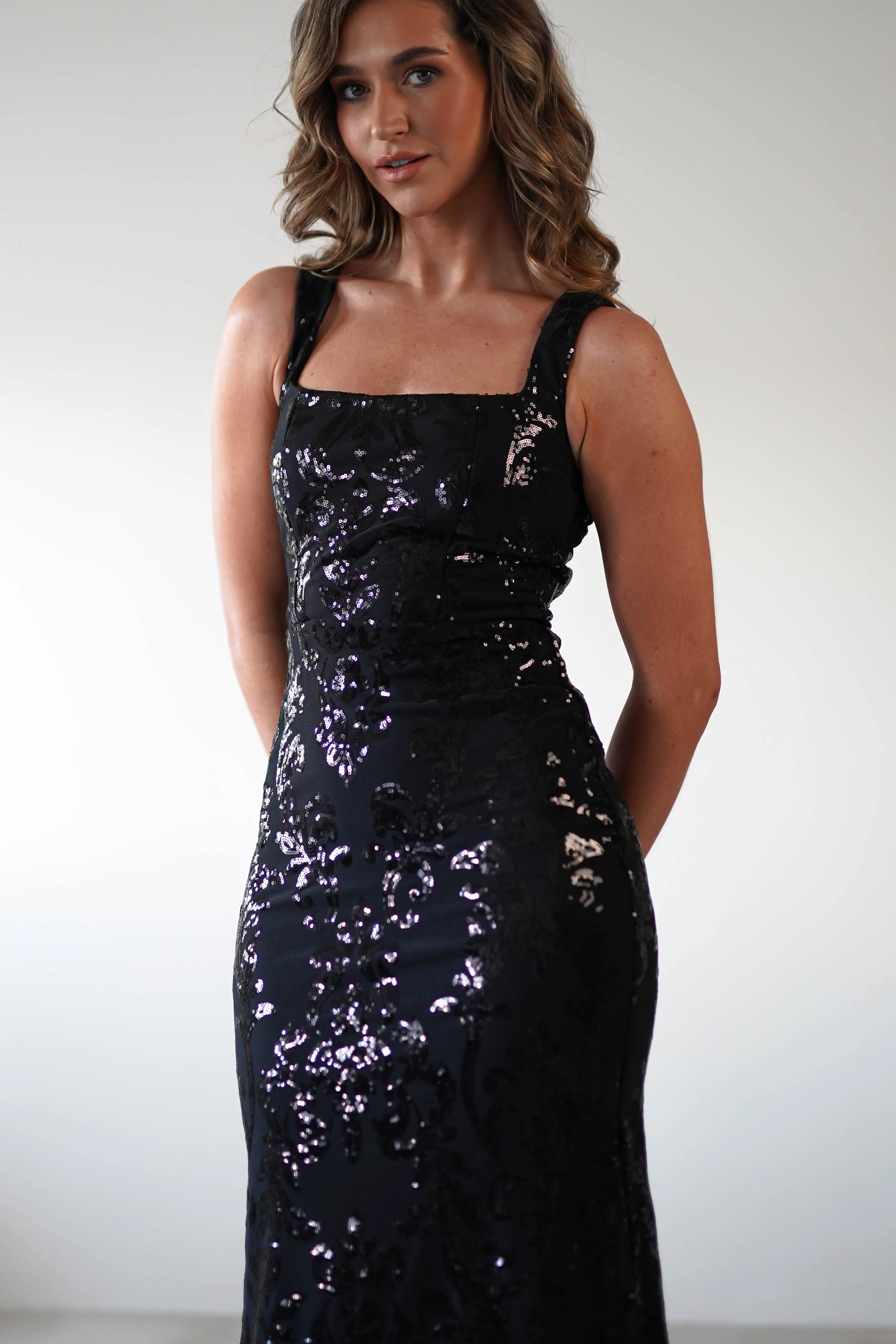 Nadia Square Neck Sequin Gown | Black - Image 6